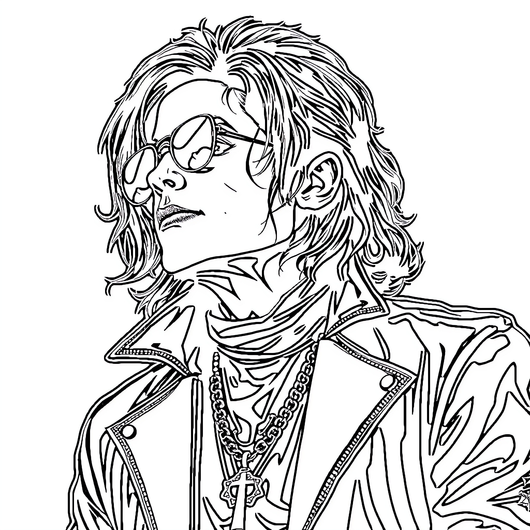 Michael Jackson performing on stage with iconic outfit Coloring Page (free black-and-white line drawing printable PDF for all, from beginners to advanced learners, including children, teens, adults, and seniors)