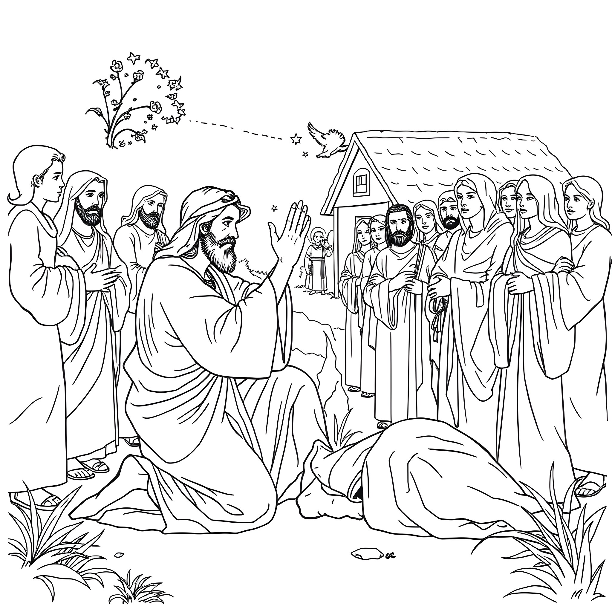 Jesus Preaching to the Crowd in the Countryside Coloring Page (free black-and-white line drawing printable PDF for all, from beginners to advanced learners, including children, teens, adults, and seniors)