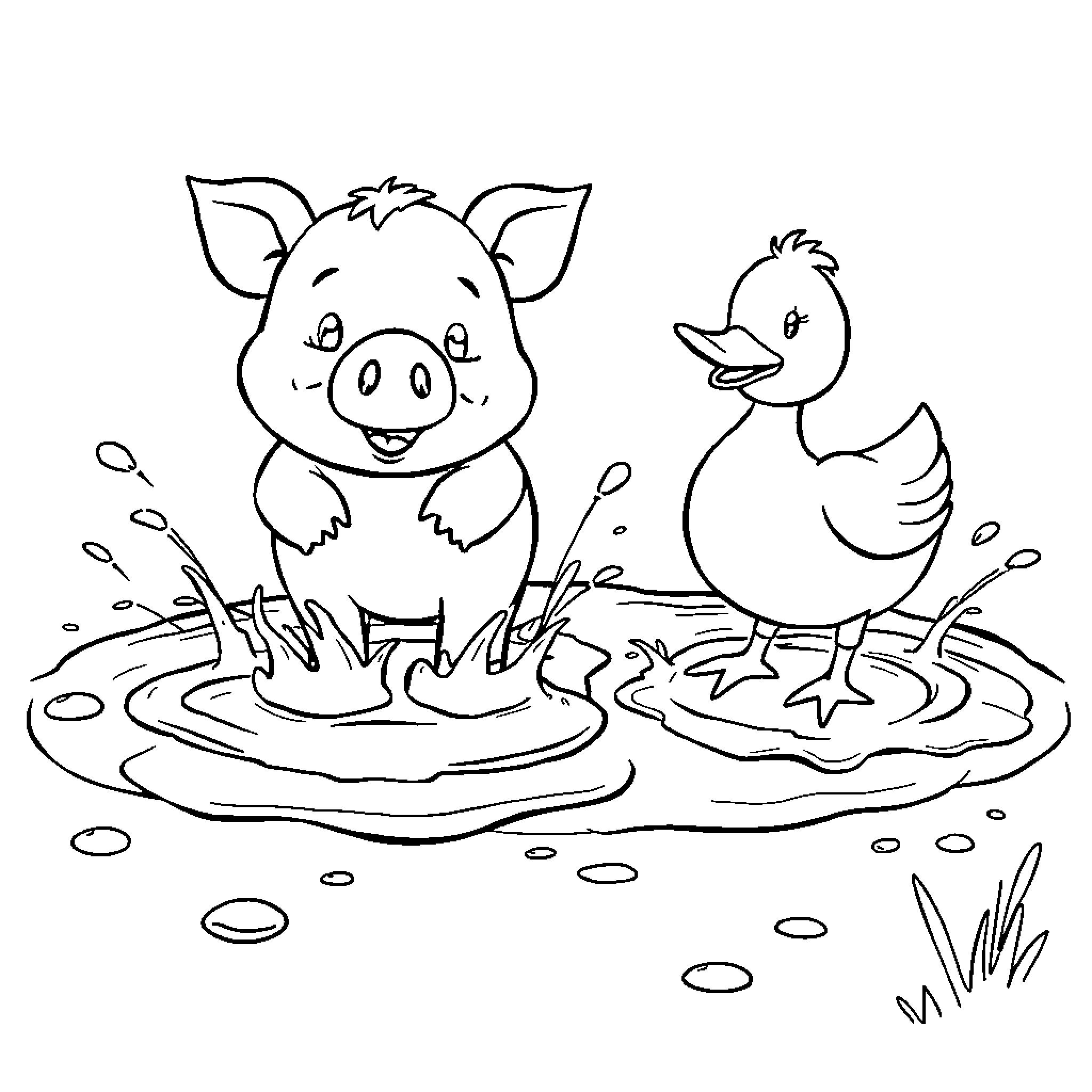 Pig and duck playing in puddles Coloring Page (free black-and-white line drawing printable PDF for all, from beginners to advanced learners, including children, teens, adults, and seniors)