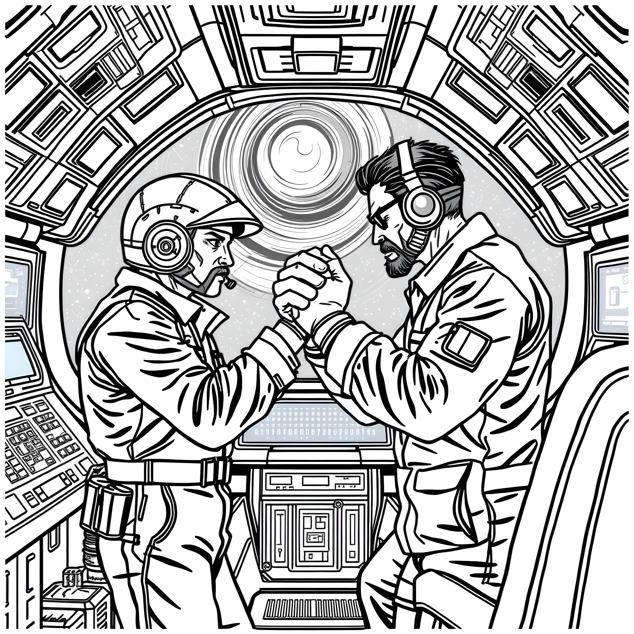 Worker Collaboration in the Futuristic Control Room Coloring Page (free black-and-white line drawing printable PDF for all, from beginners to advanced learners, including children, teens, adults, and seniors)