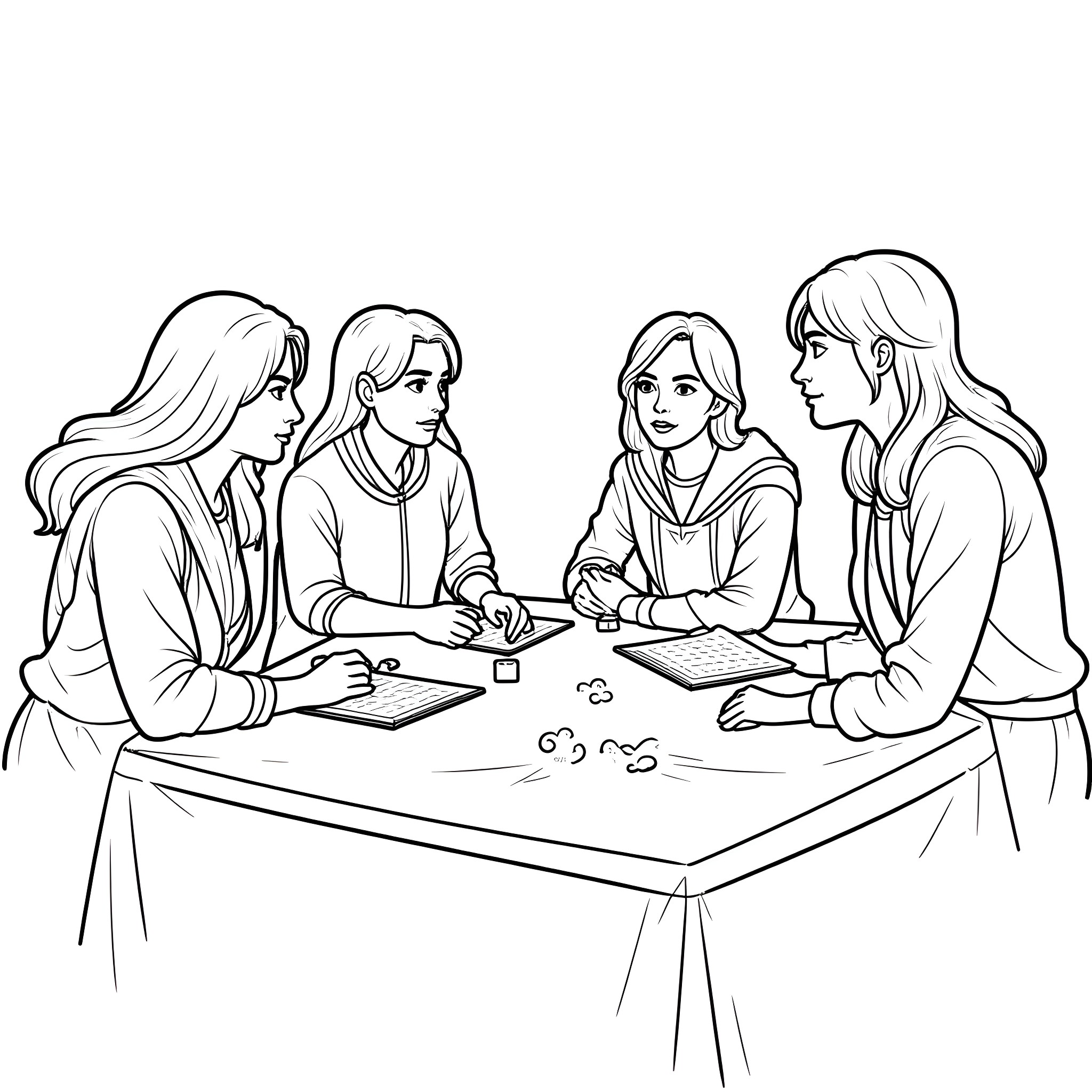 Dungeons and Dragons group planning their adventure Coloring Page (free black-and-white line drawing printable PDF for all, from beginners to advanced learners, including children, teens, adults, and seniors)