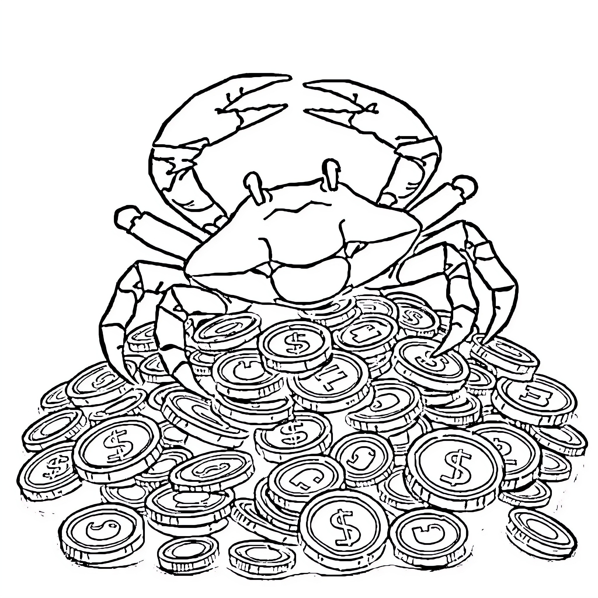 Crab surrounded by coins and money Coloring Page (free black-and-white line drawing printable PDF for all, from beginners to advanced learners, including children, teens, adults, and seniors)