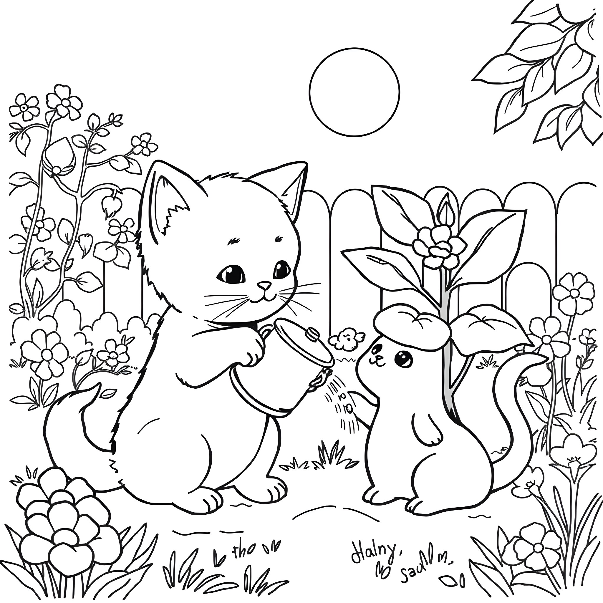 Puppycat exploring a floral garden Coloring Page (free black-and-white line drawing printable PDF for all, from beginners to advanced learners, including children, teens, adults, and seniors)