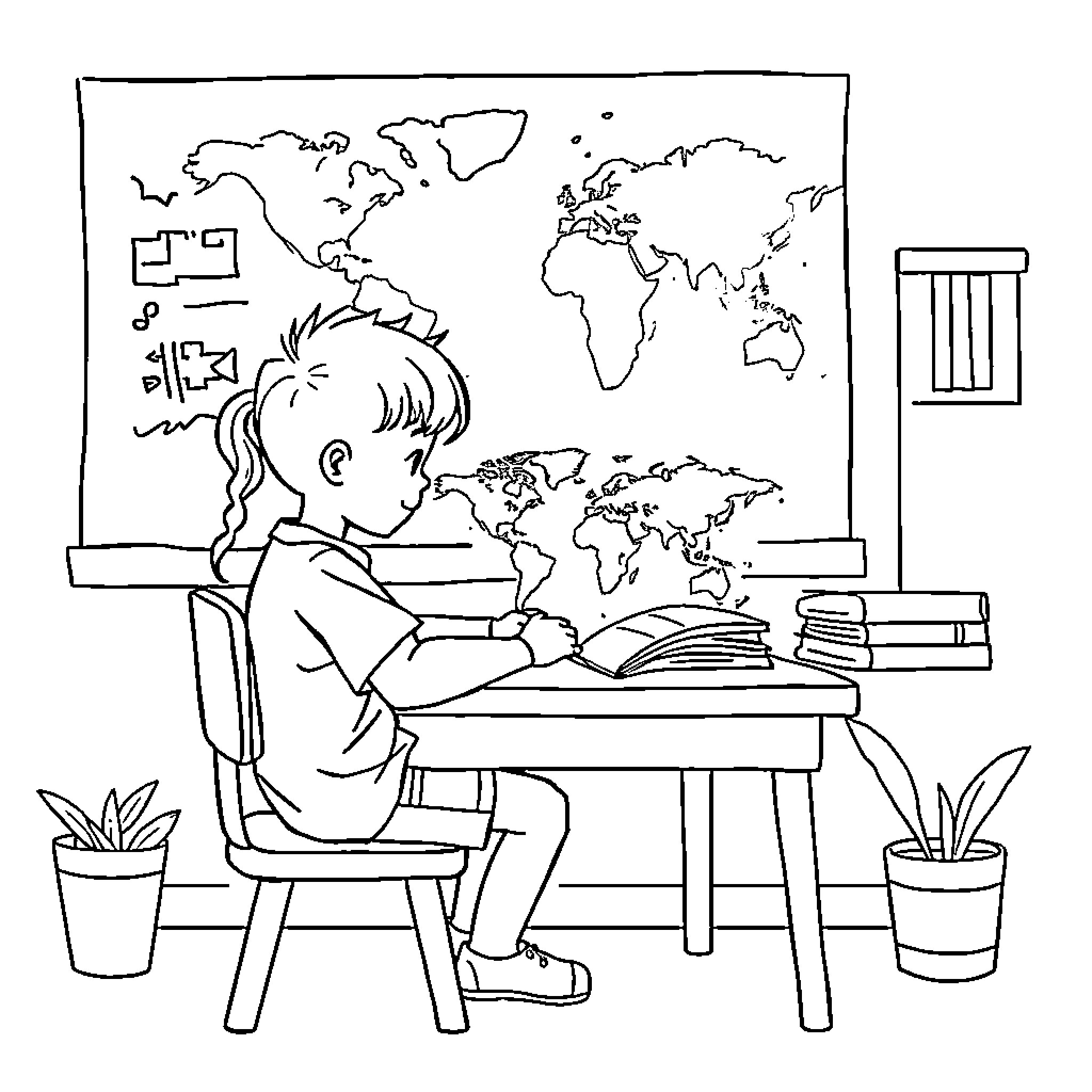 Student studying geography with world map Coloring Page (free black-and-white line drawing printable PDF for all, from beginners to advanced learners, including children, teens, adults, and seniors)
