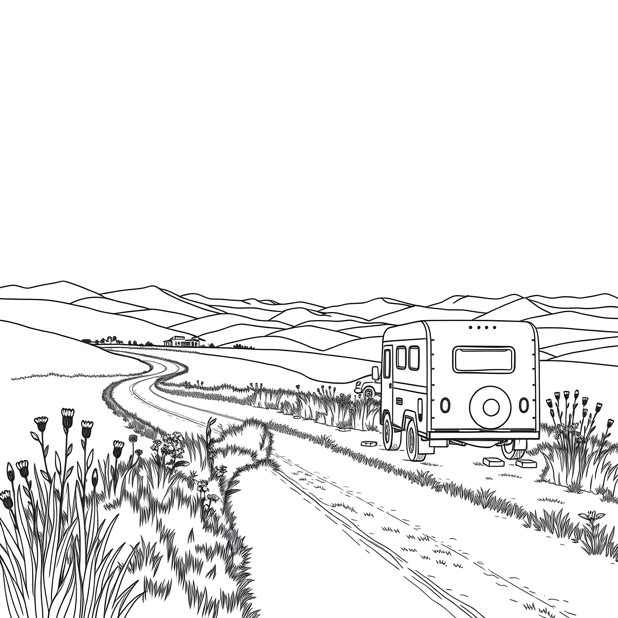 Car Trailer Adventure on Scenic Mountain Road Coloring Page (free black-and-white line drawing printable PDF for all, from beginners to advanced learners, including children, teens, adults, and seniors)