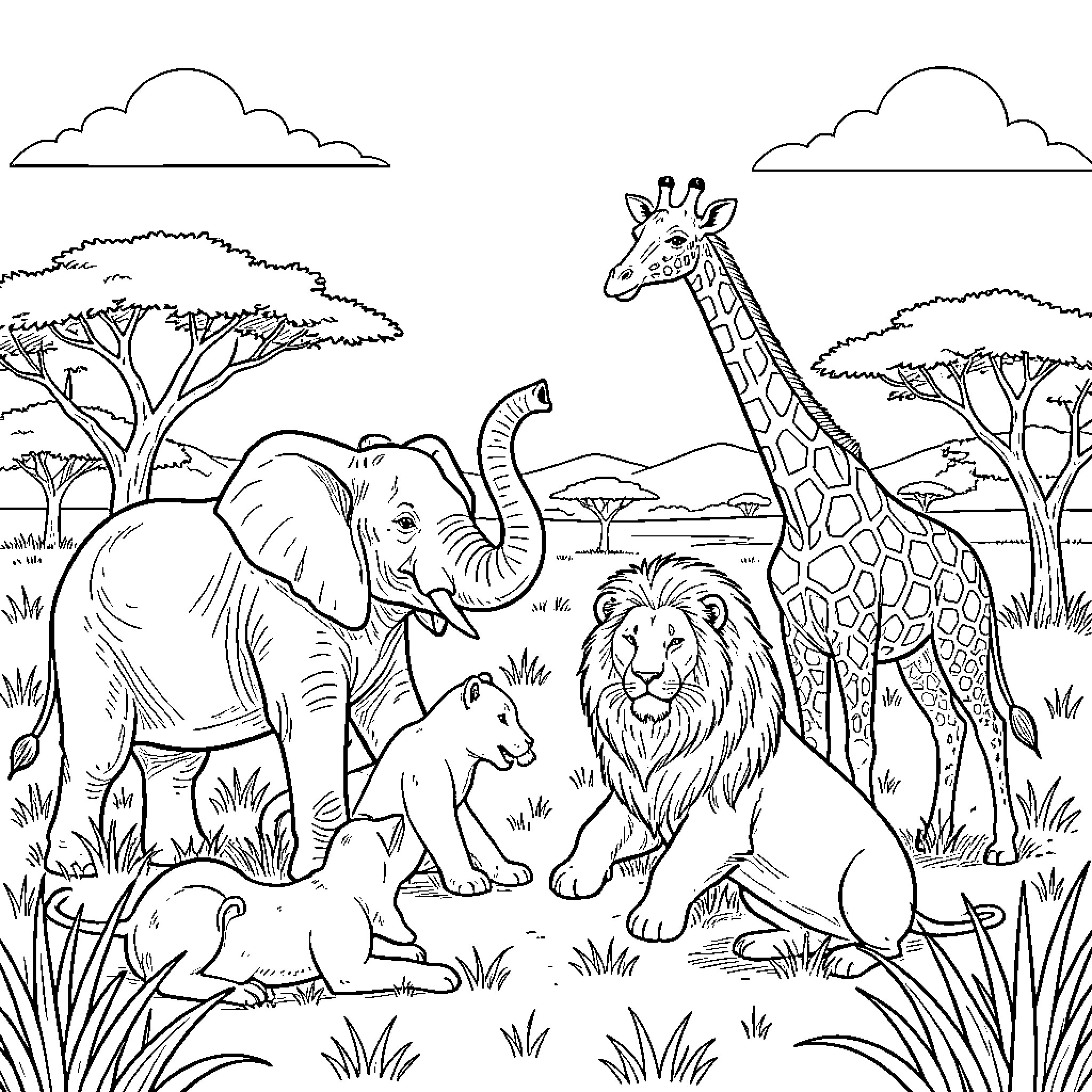 Animal Safari Scene with Diverse Wildlife Coloring Page (free black-and-white line drawing printable PDF for all, from beginners to advanced learners, including children, teens, adults, and seniors)
