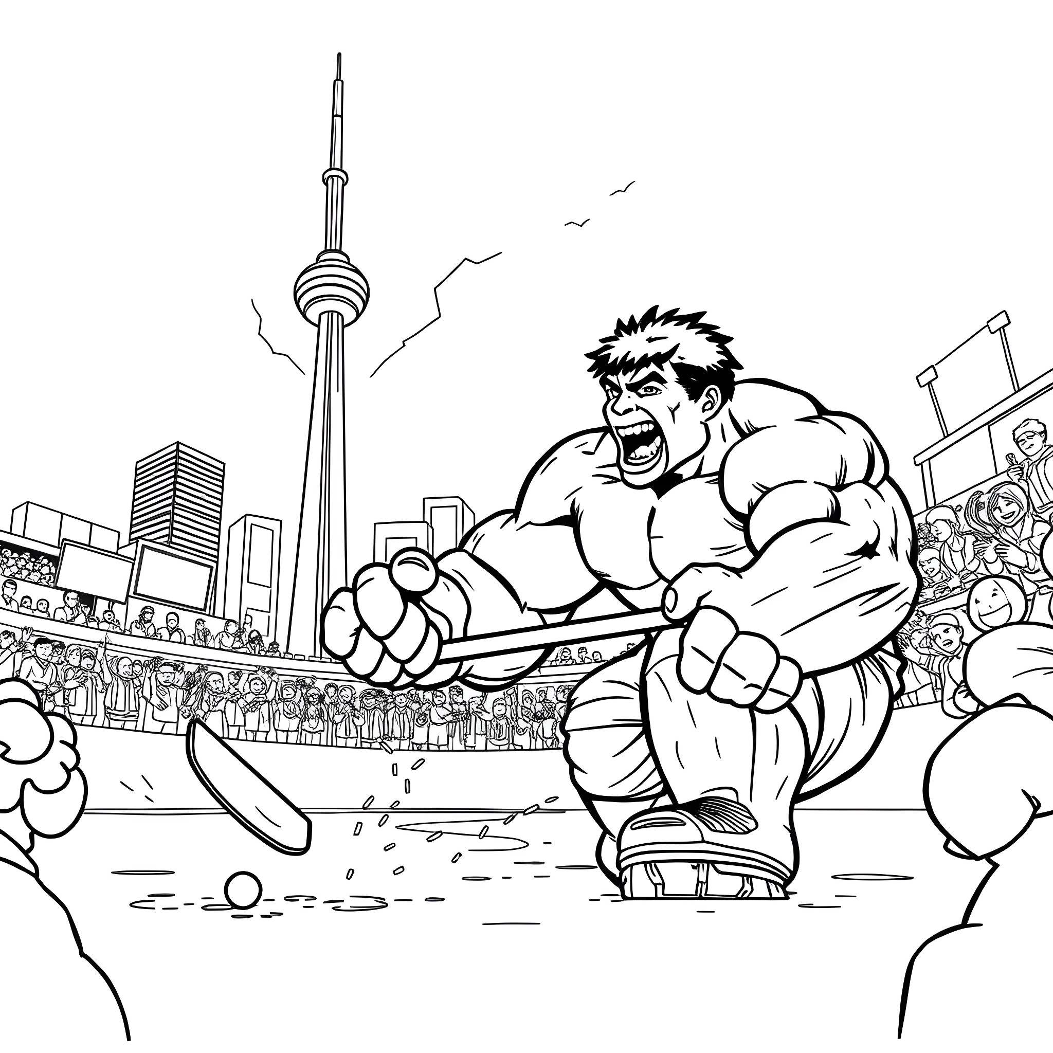 Hulk smashing through city skyline Coloring Page (free black-and-white line drawing printable PDF for all, from beginners to advanced learners, including children, teens, adults, and seniors)