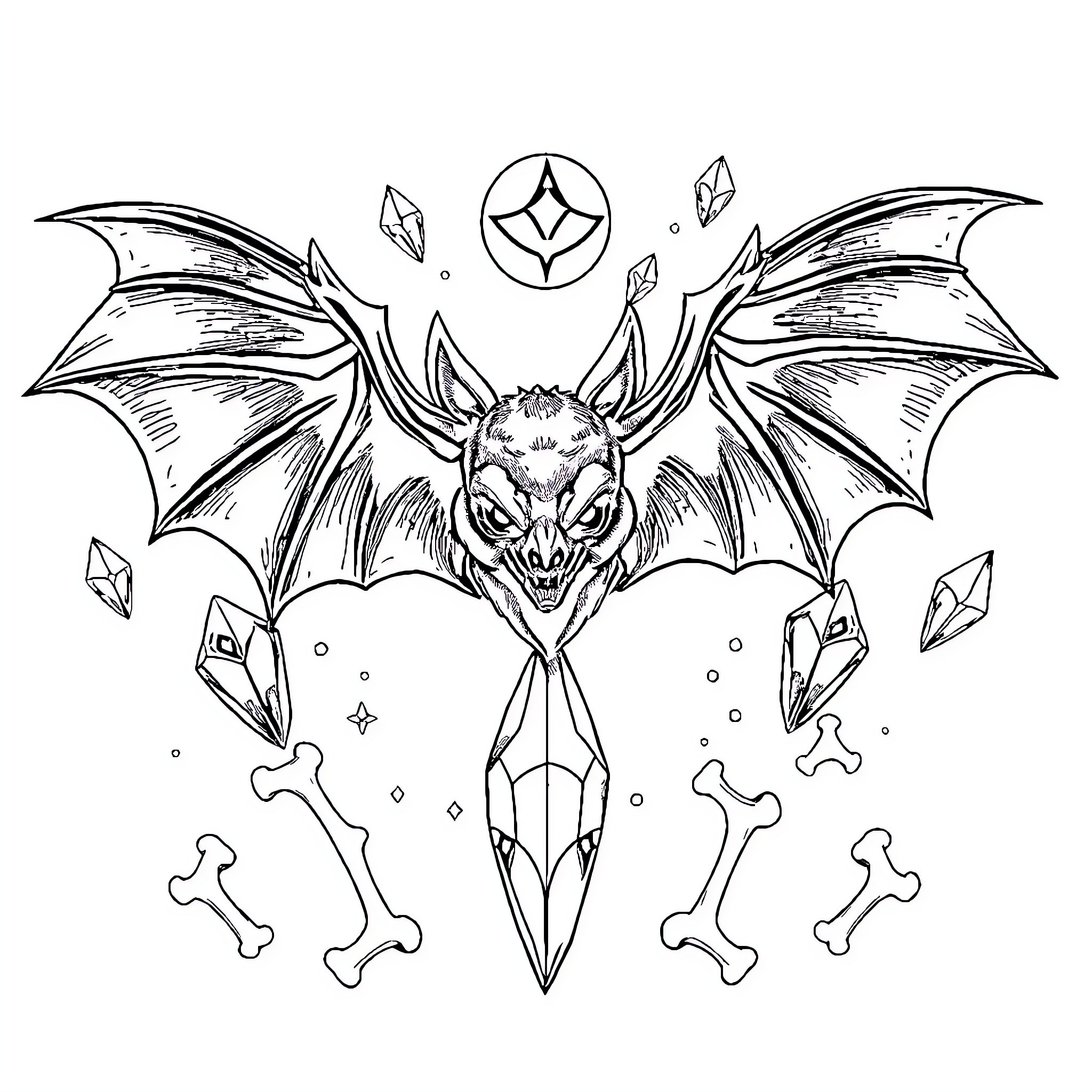 Bat with Menacing Expression and Outstretched Wings Coloring Page (free black-and-white line drawing printable PDF for all, from beginners to advanced learners, including children, teens, adults, and seniors)