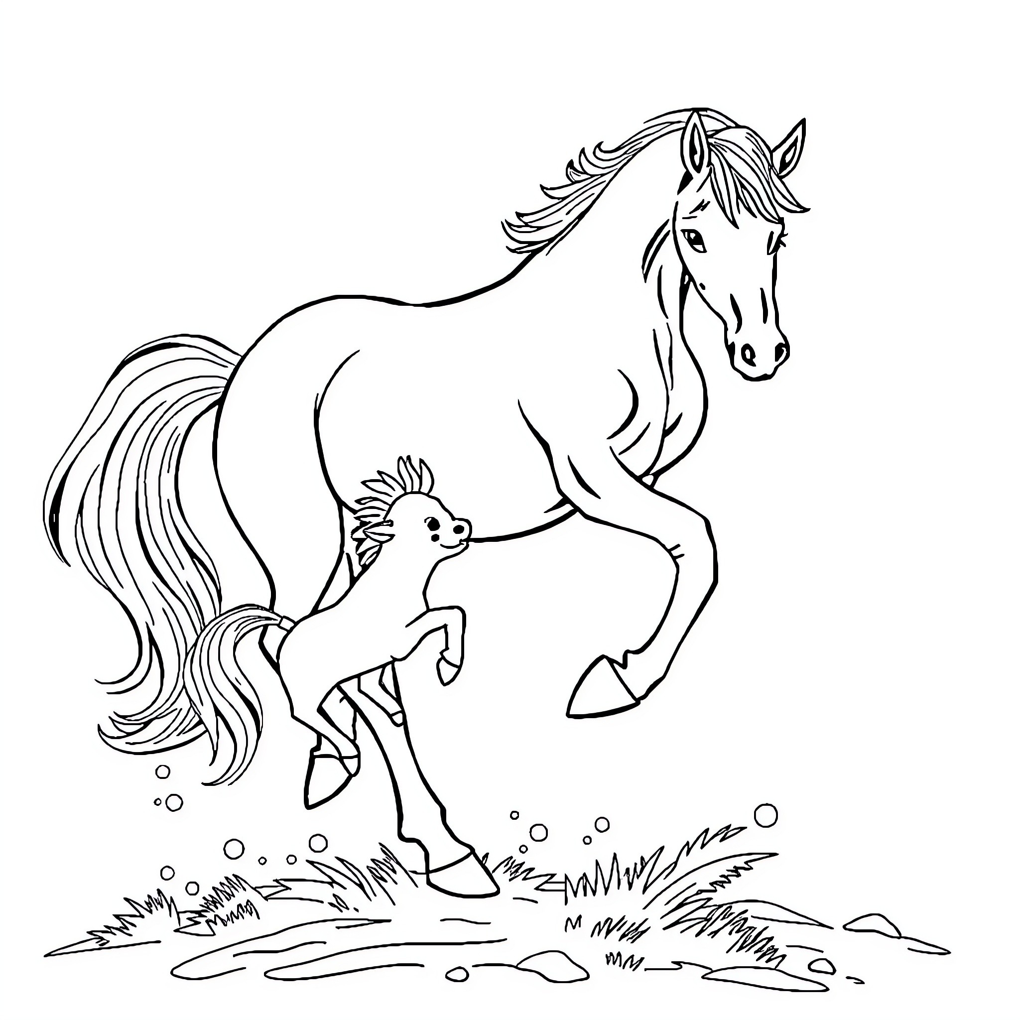 Horse and foal running in nature Coloring Page (free black-and-white line drawing printable PDF for all, from beginners to advanced learners, including children, teens, adults, and seniors)