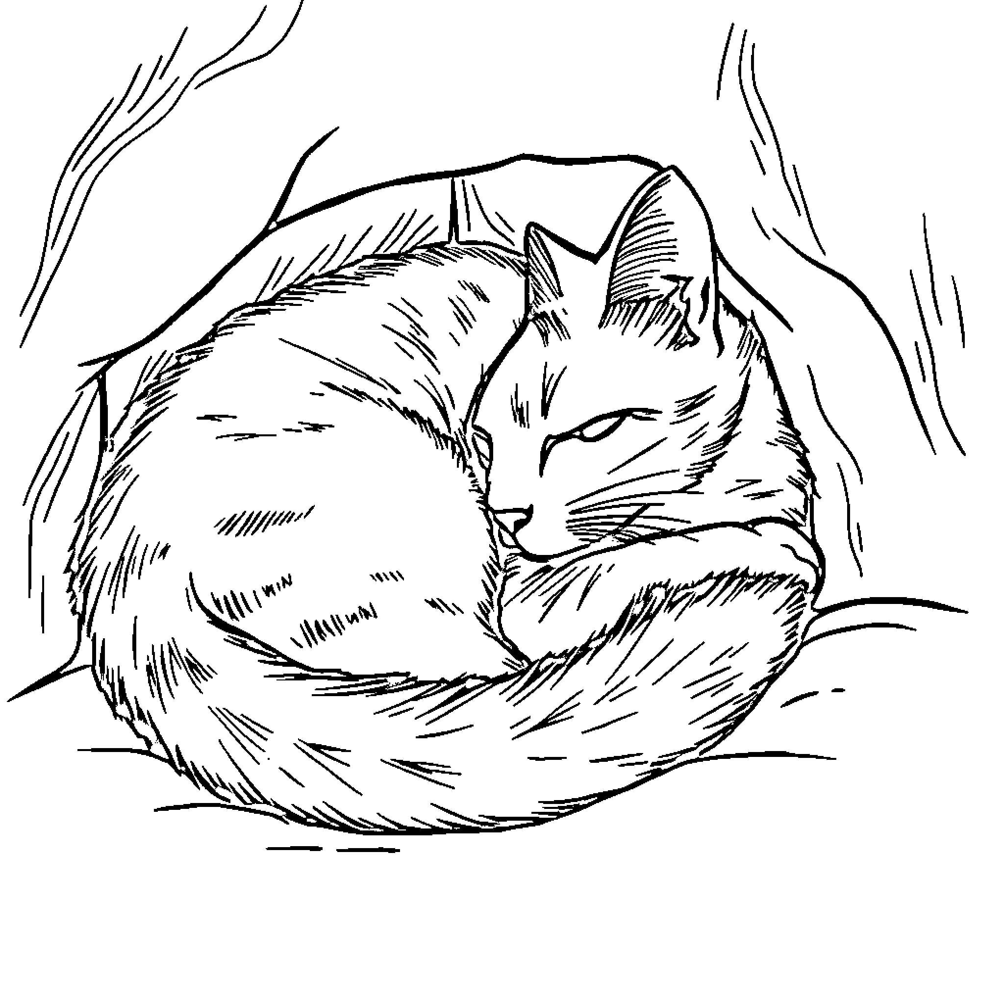 Cat curled up peacefully sleeping Coloring Page (free black-and-white line drawing printable PDF for all, from beginners to advanced learners, including children, teens, adults, and seniors)
