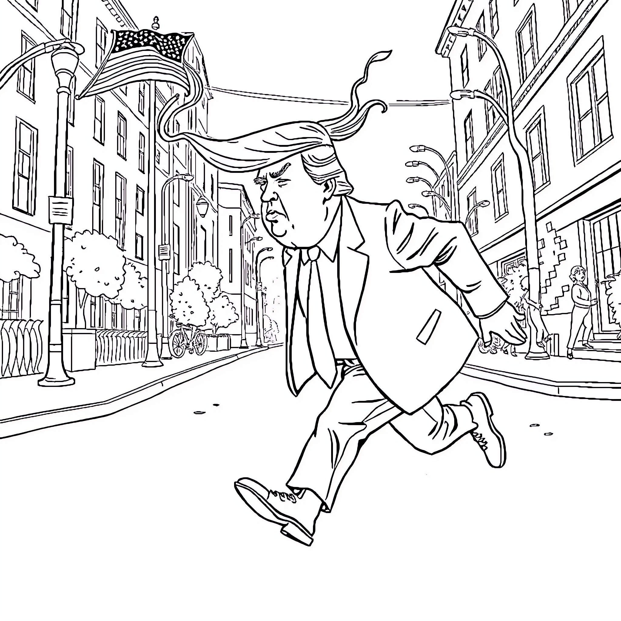 Trump frantically running on a city street Coloring Page (free black-and-white line drawing printable PDF for all, from beginners to advanced learners, including children, teens, adults, and seniors)