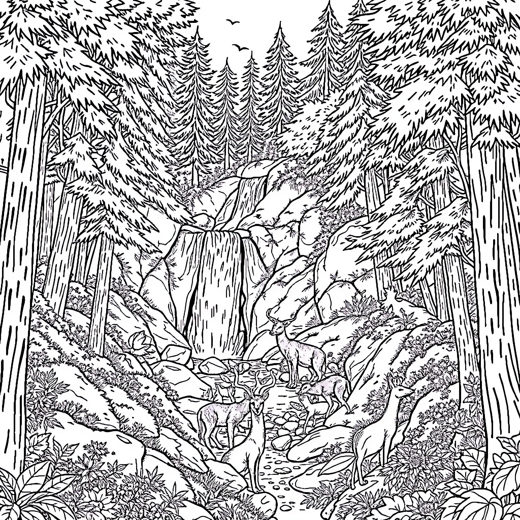 Forest of Wildlife and Wilderness Coloring Page (free black-and-white line drawing printable PDF for all, from beginners to advanced learners, including children, teens, adults, and seniors)