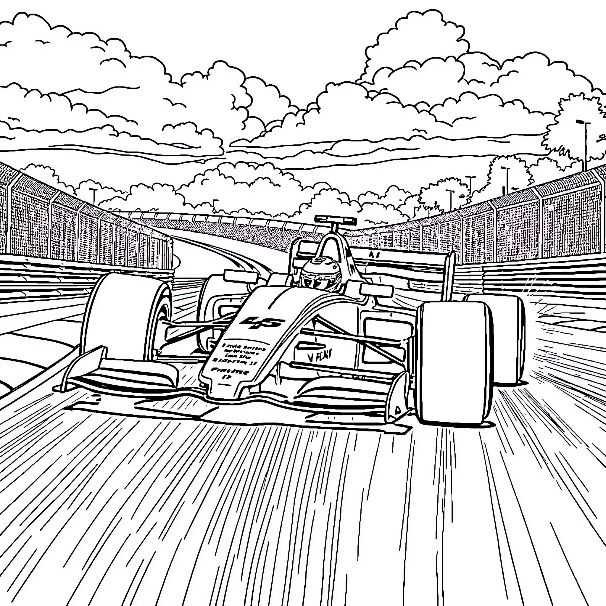 Formula 1 Car speeding on the racetrack Coloring Page (free black-and-white line drawing printable PDF for all, from beginners to advanced learners, including children, teens, adults, and seniors)