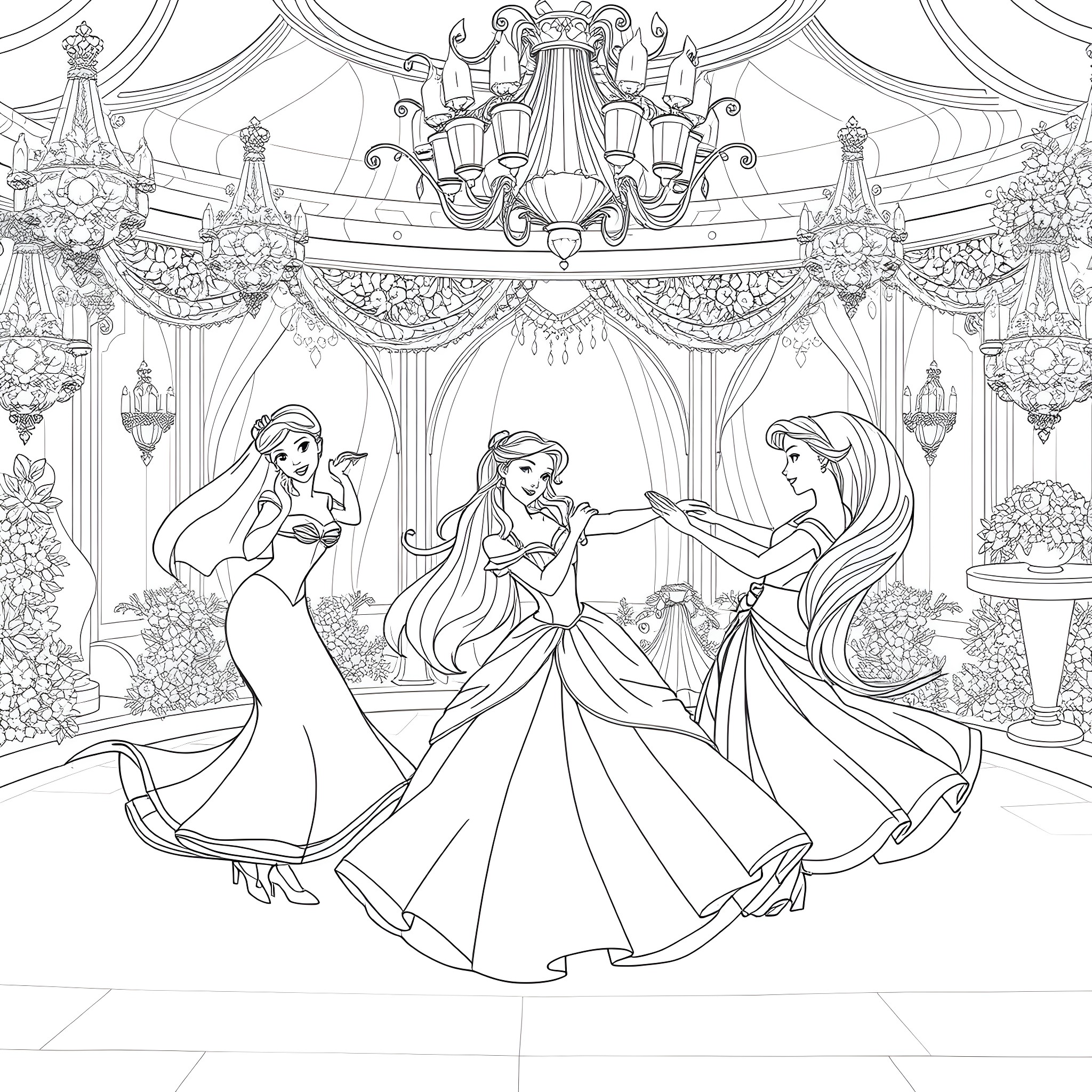 Princess Enjoying a Lavish Palace Ball Coloring Page (free black-and-white line drawing printable PDF for all, from beginners to advanced learners, including children, teens, adults, and seniors)
