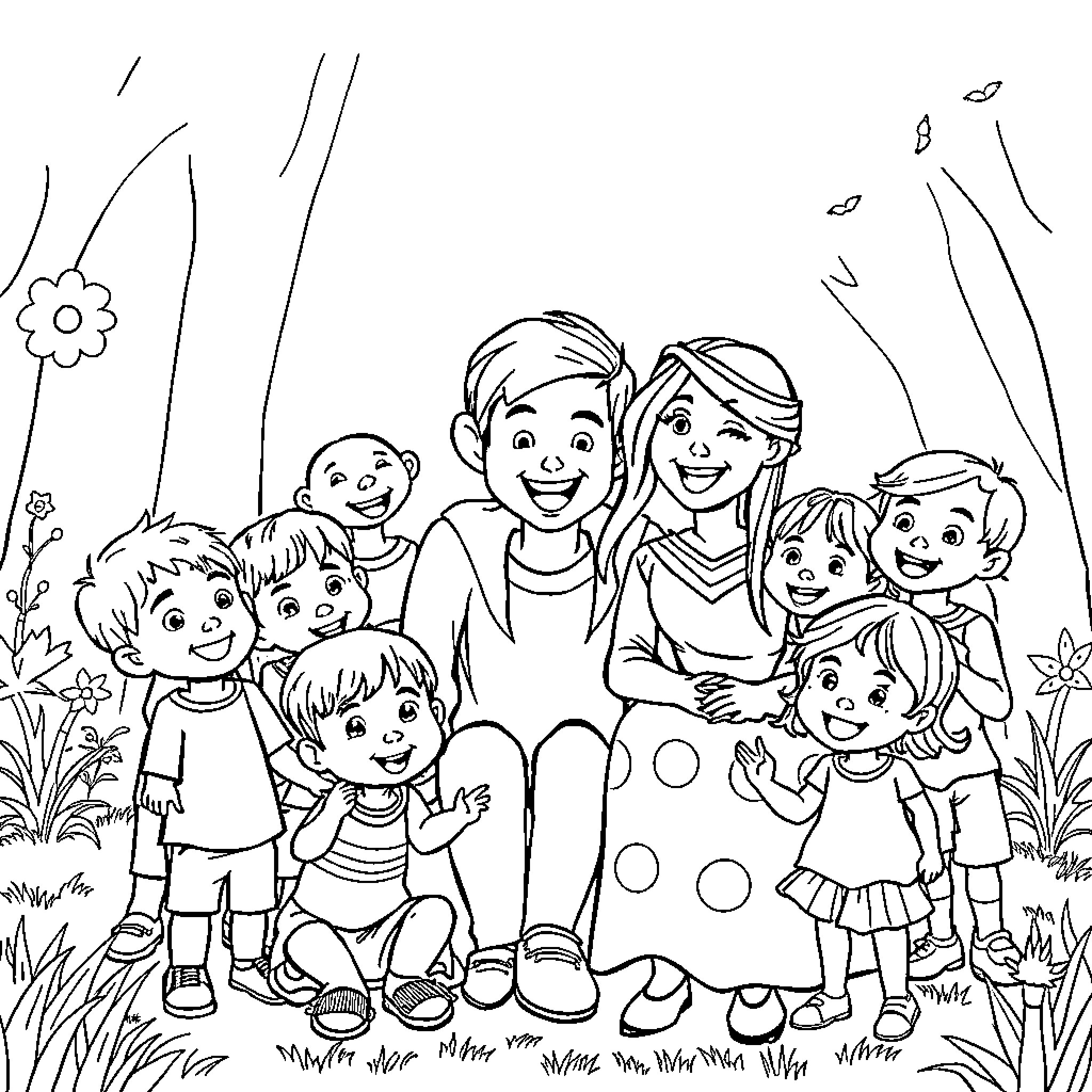 Jack and Sally's Happy Family Gathering Coloring Page (free black-and-white line drawing printable PDF for all, from beginners to advanced learners, including children, teens, adults, and seniors)