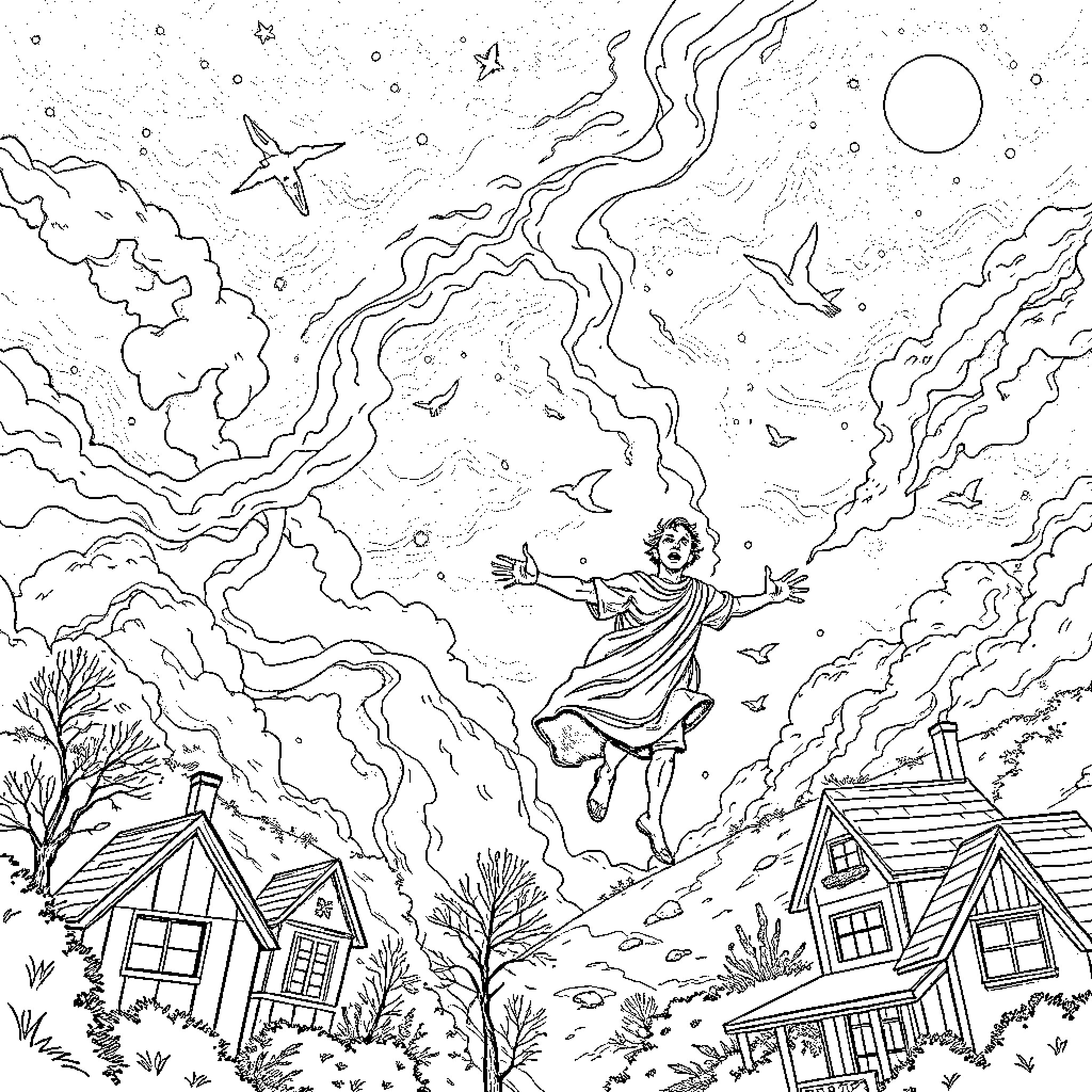 Homme floating amid celestial imagery and rural landscape Coloring Page (free black-and-white line drawing printable PDF for all, from beginners to advanced learners, including children, teens, adults, and seniors)