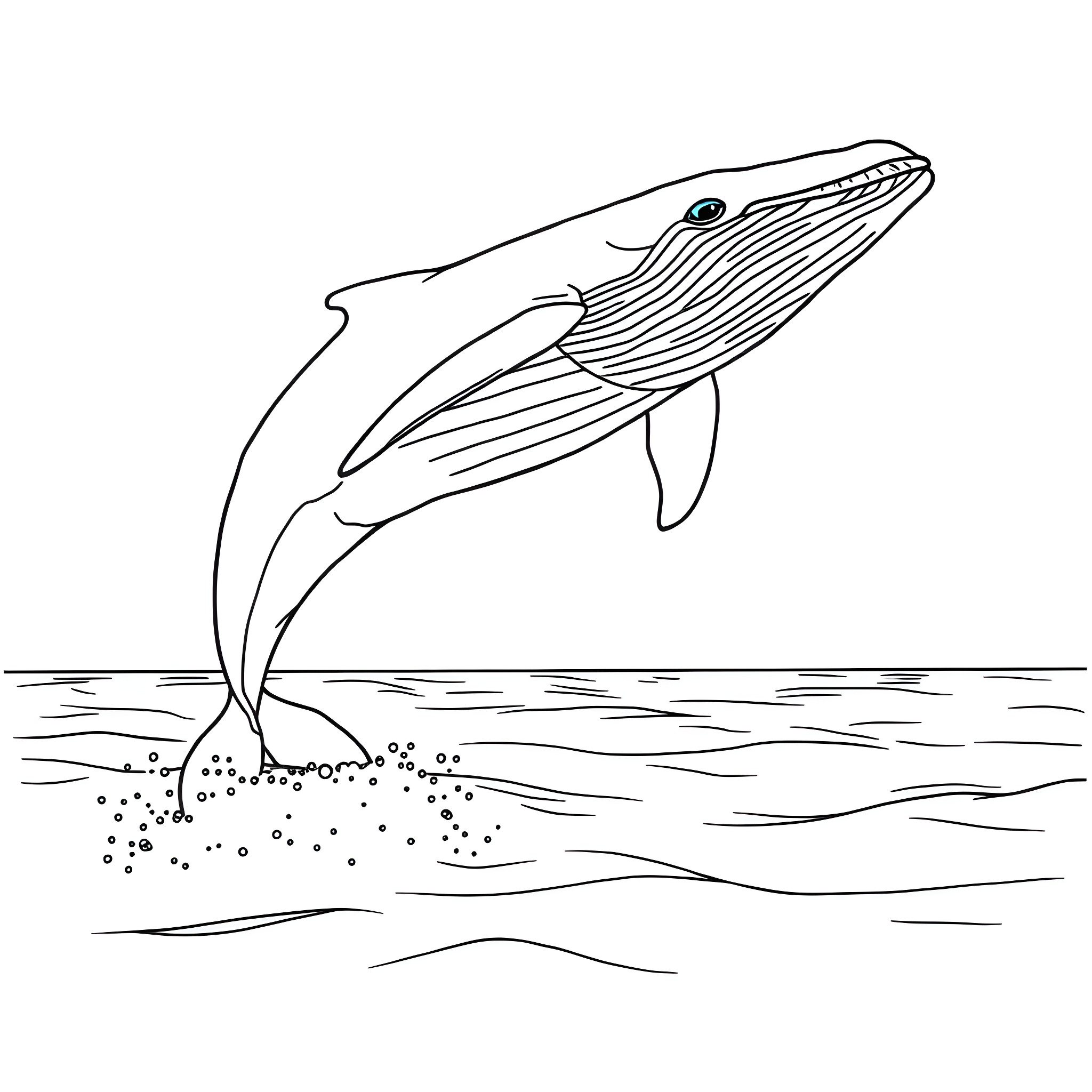 Whale jumping out of the ocean Coloring Page (free black-and-white line drawing printable PDF for all, from beginners to advanced learners, including children, teens, adults, and seniors)