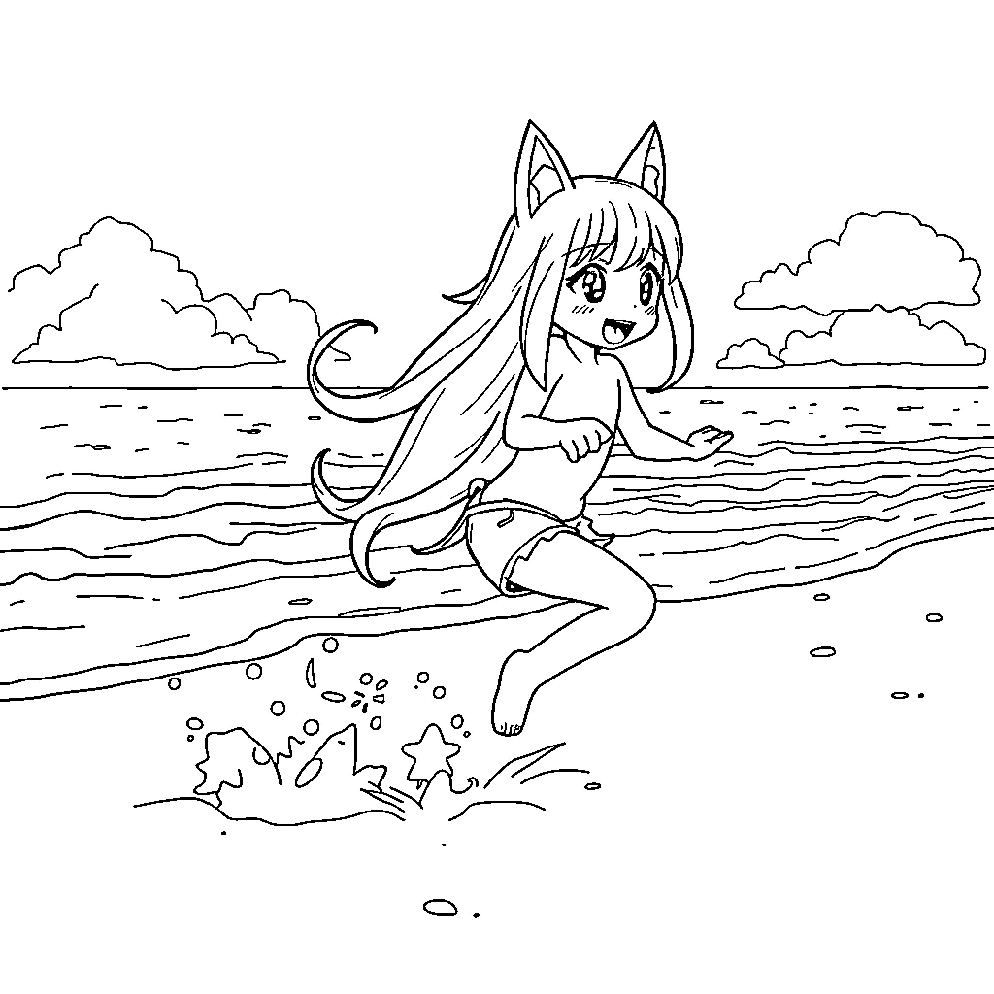 Kuromi splashing in the waves at the beach Coloring Page (free black-and-white line drawing printable PDF for all, from beginners to advanced learners, including children, teens, adults, and seniors)