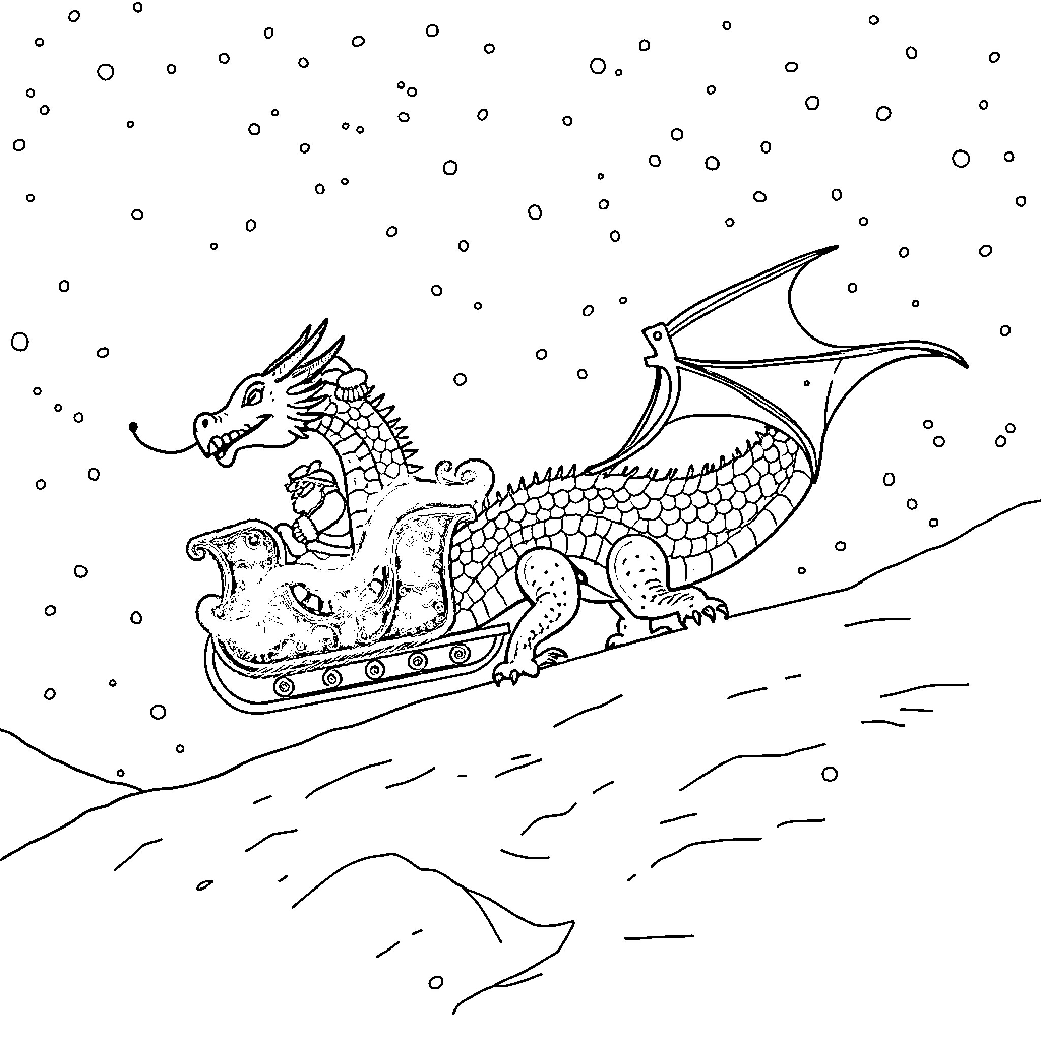 Sleigh pulled by a majestic dragon in winter landscape Coloring Page (free black-and-white line drawing printable PDF for all, from beginners to advanced learners, including children, teens, adults, and seniors)