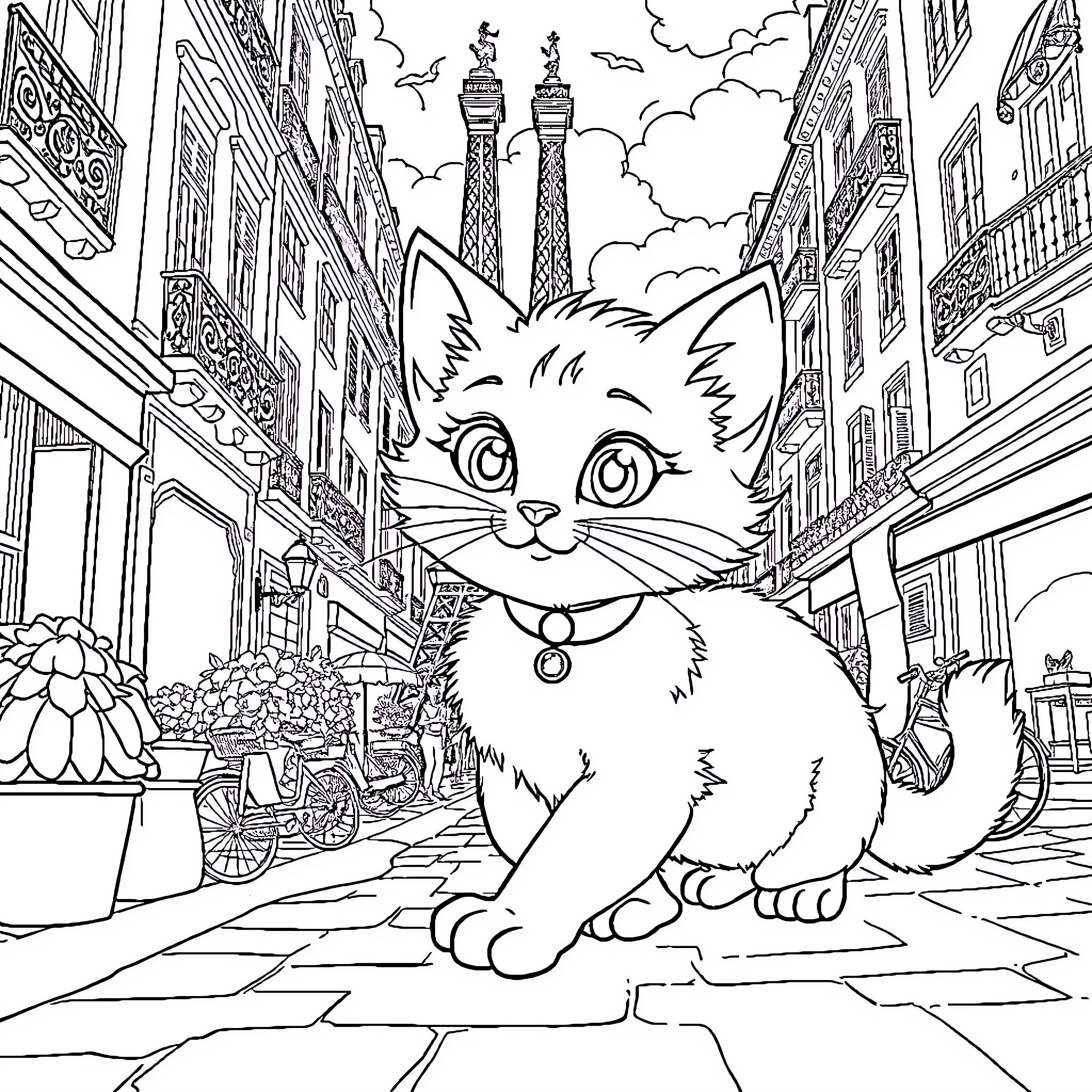 Marie's Enchanting Paris Adventure Coloring Page (free black-and-white line drawing printable PDF for all, from beginners to advanced learners, including children, teens, adults, and seniors)
