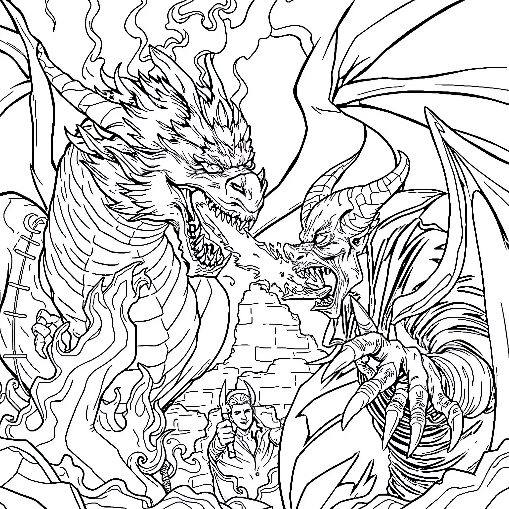 Dragon warriors battling ferocious beasts in a fantasy realm Coloring Page (free black-and-white line drawing printable PDF for all, from beginners to advanced learners, including children, teens, adults, and seniors)