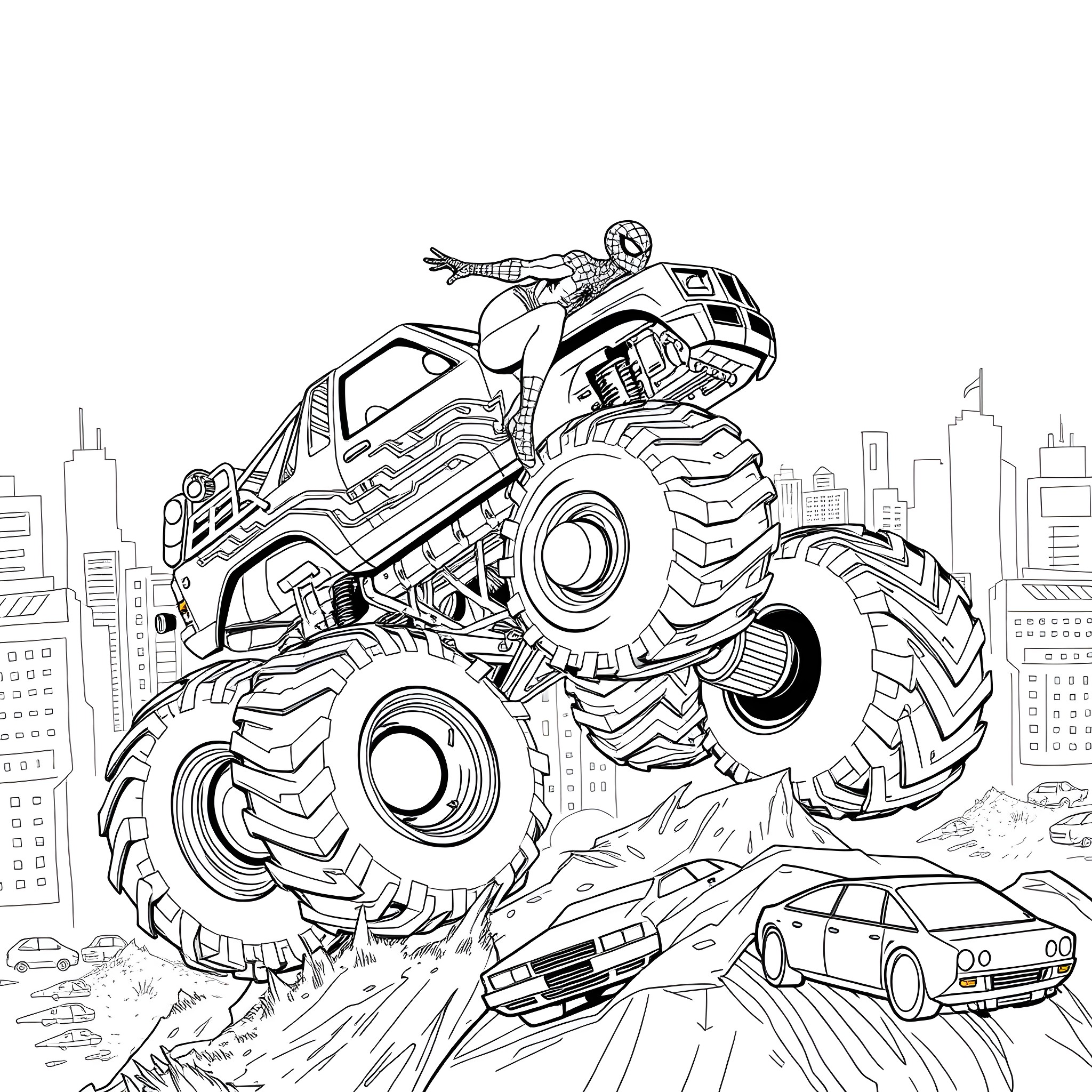 Spider-Man riding a Monster Truck through the city Coloring Page (free black-and-white line drawing printable PDF for all, from beginners to advanced learners, including children, teens, adults, and seniors)