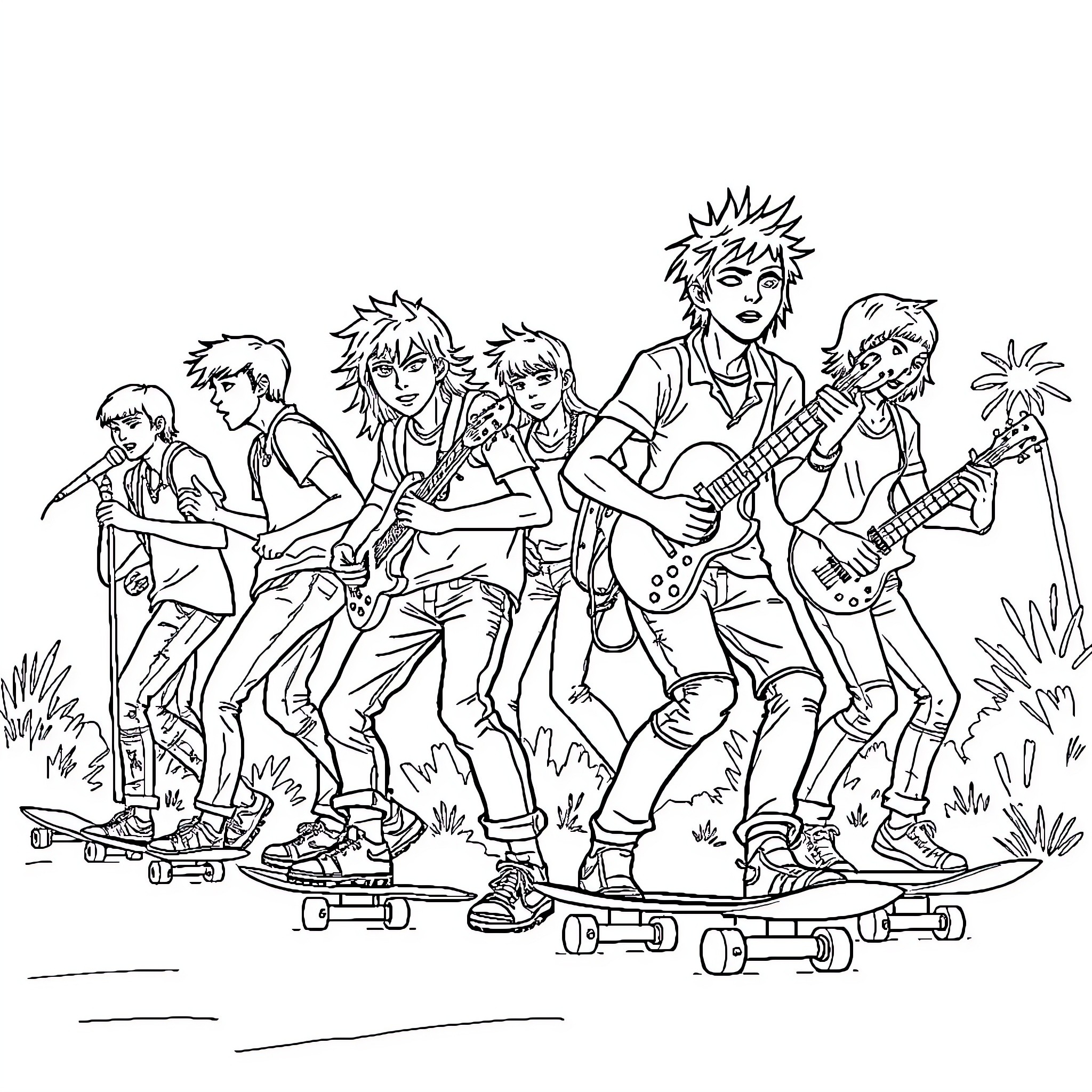 Longboard punk rock group performing outdoors Coloring Page (free black-and-white line drawing printable PDF for all, from beginners to advanced learners, including children, teens, adults, and seniors)
