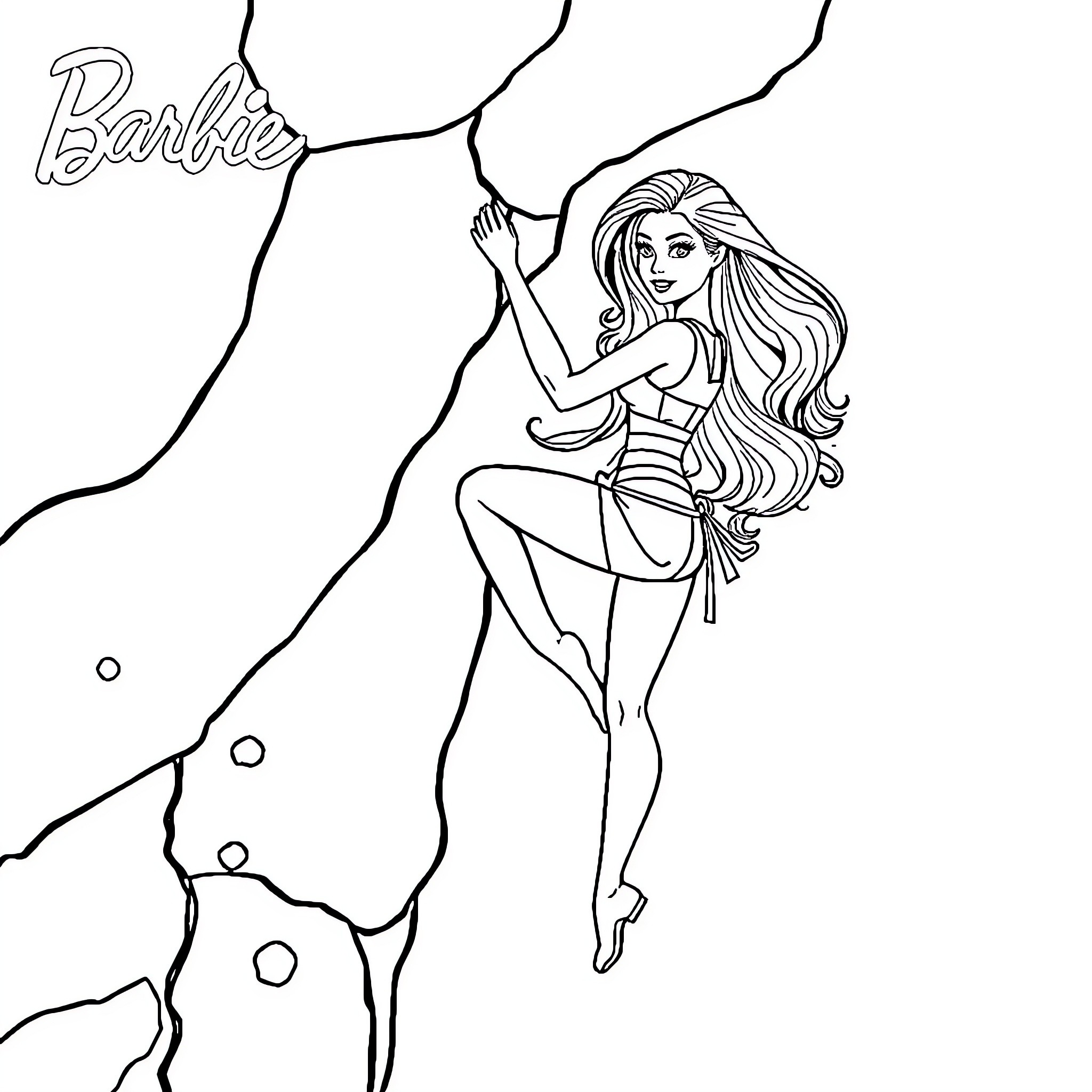 Barbie climbing rocky mountain Coloring Page (free black-and-white line drawing printable PDF for all, from beginners to advanced learners, including children, teens, adults, and seniors)