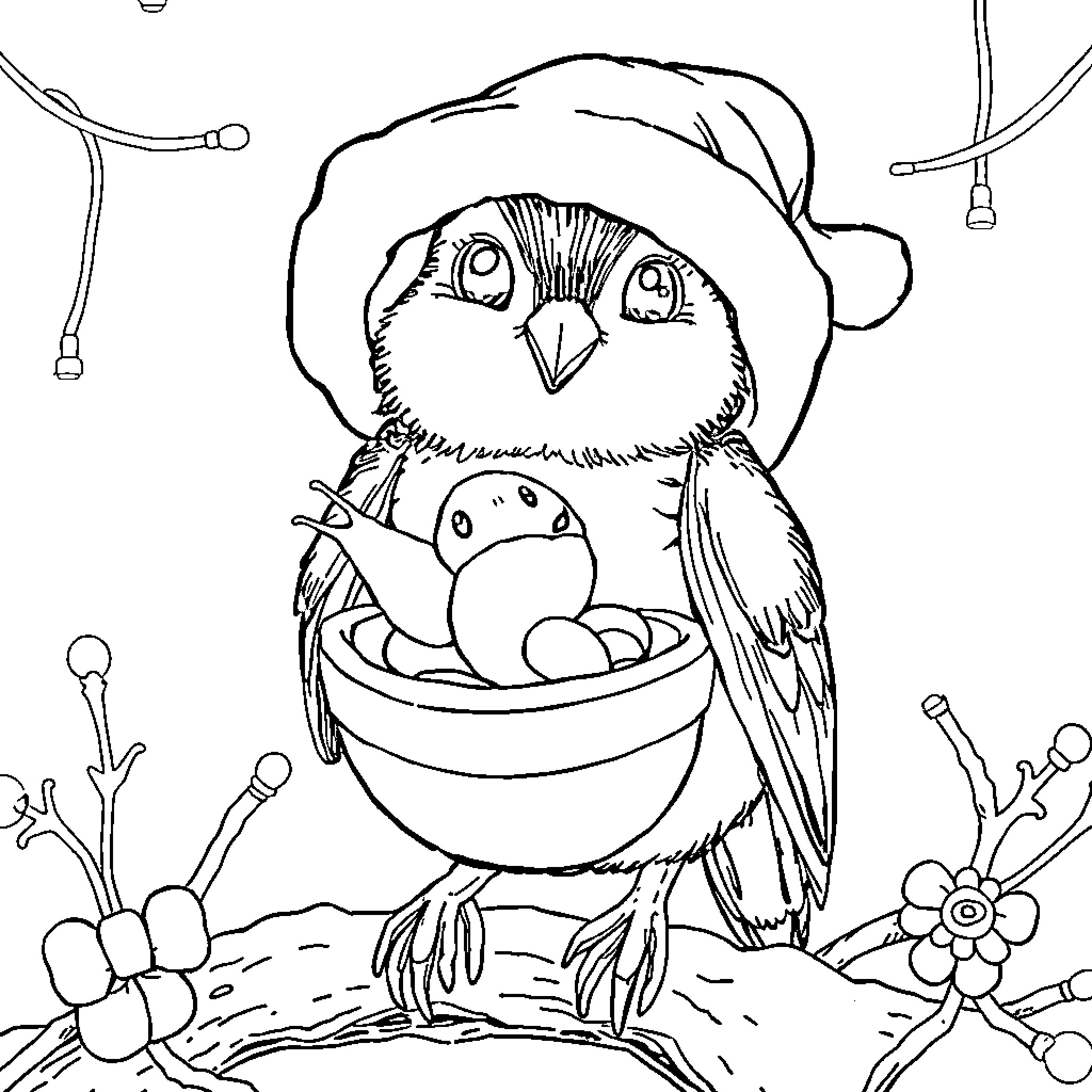 Squirrel sitting in nest with eggs Coloring Page (free black-and-white line drawing printable PDF for all, from beginners to advanced learners, including children, teens, adults, and seniors)