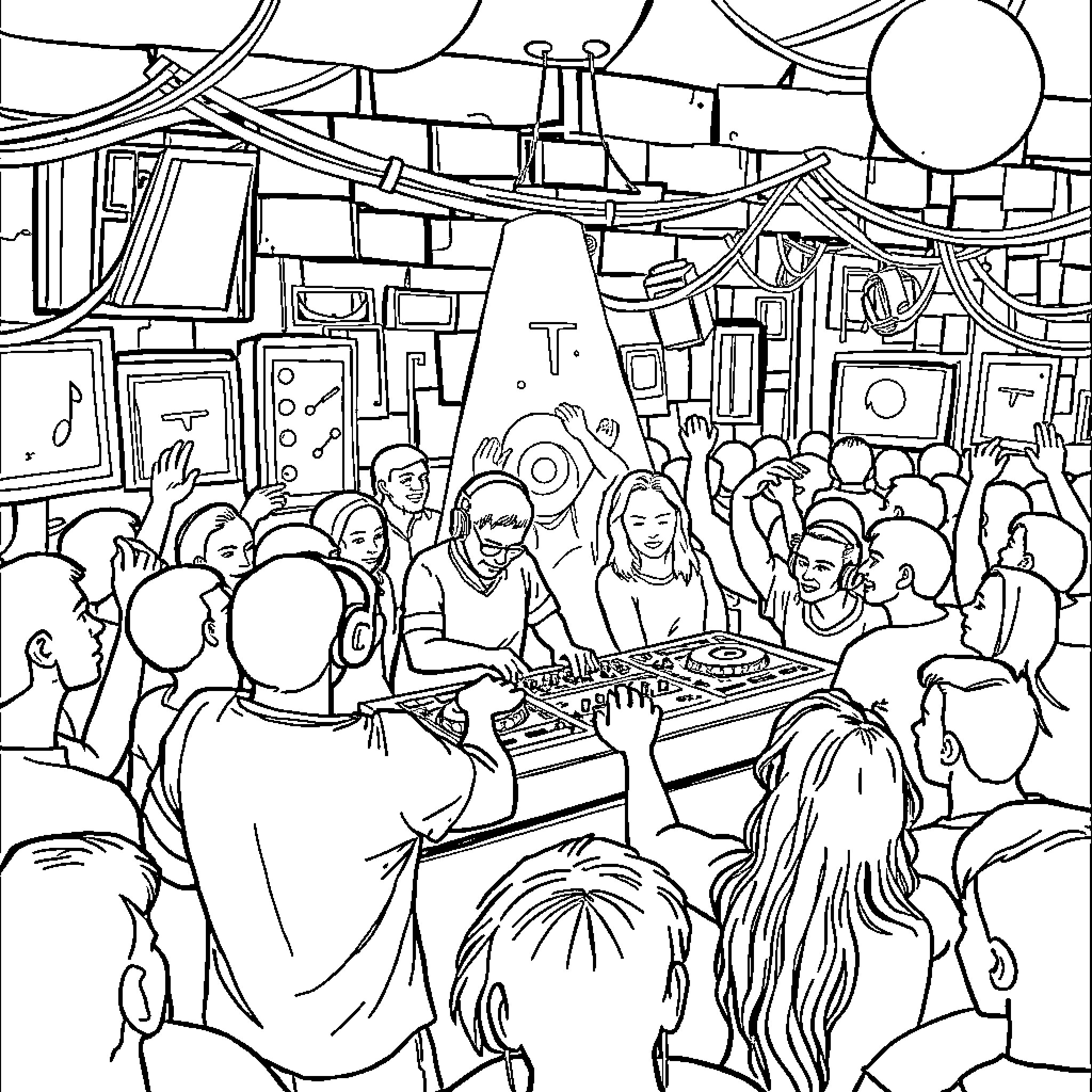 DJ entertaining energetic crowd at lively event Coloring Page (free black-and-white line drawing printable PDF for all, from beginners to advanced learners, including children, teens, adults, and seniors)