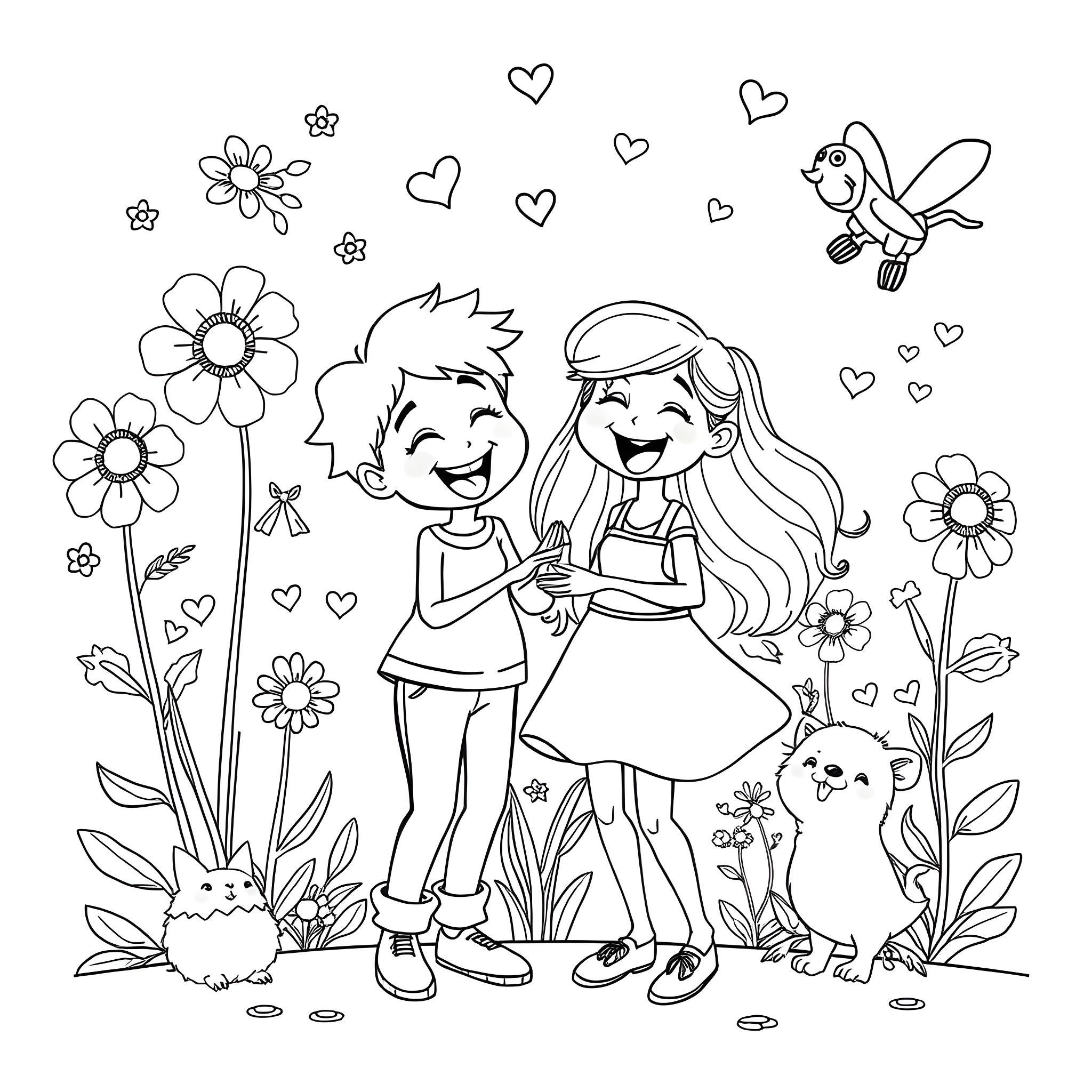 Girlfriend enjoying time with pets in flower garden Coloring Page (free black-and-white line drawing printable PDF for all, from beginners to advanced learners, including children, teens, adults, and seniors)