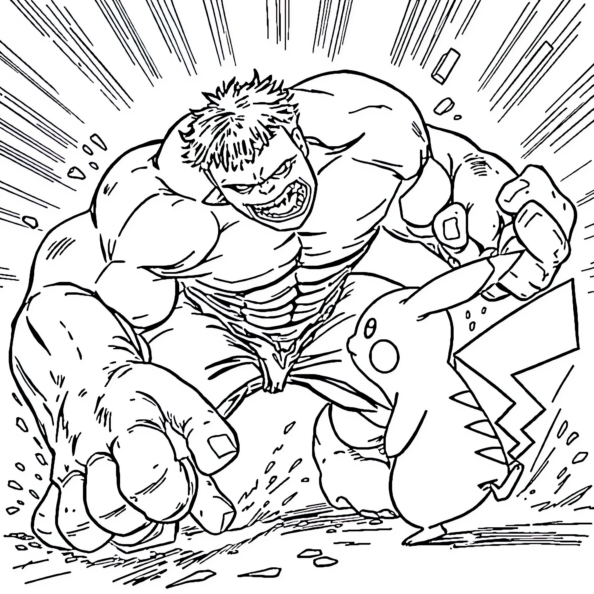Hulk Smashing Enemies in Intense Combat Coloring Page (free black-and-white line drawing printable PDF for all, from beginners to advanced learners, including children, teens, adults, and seniors)