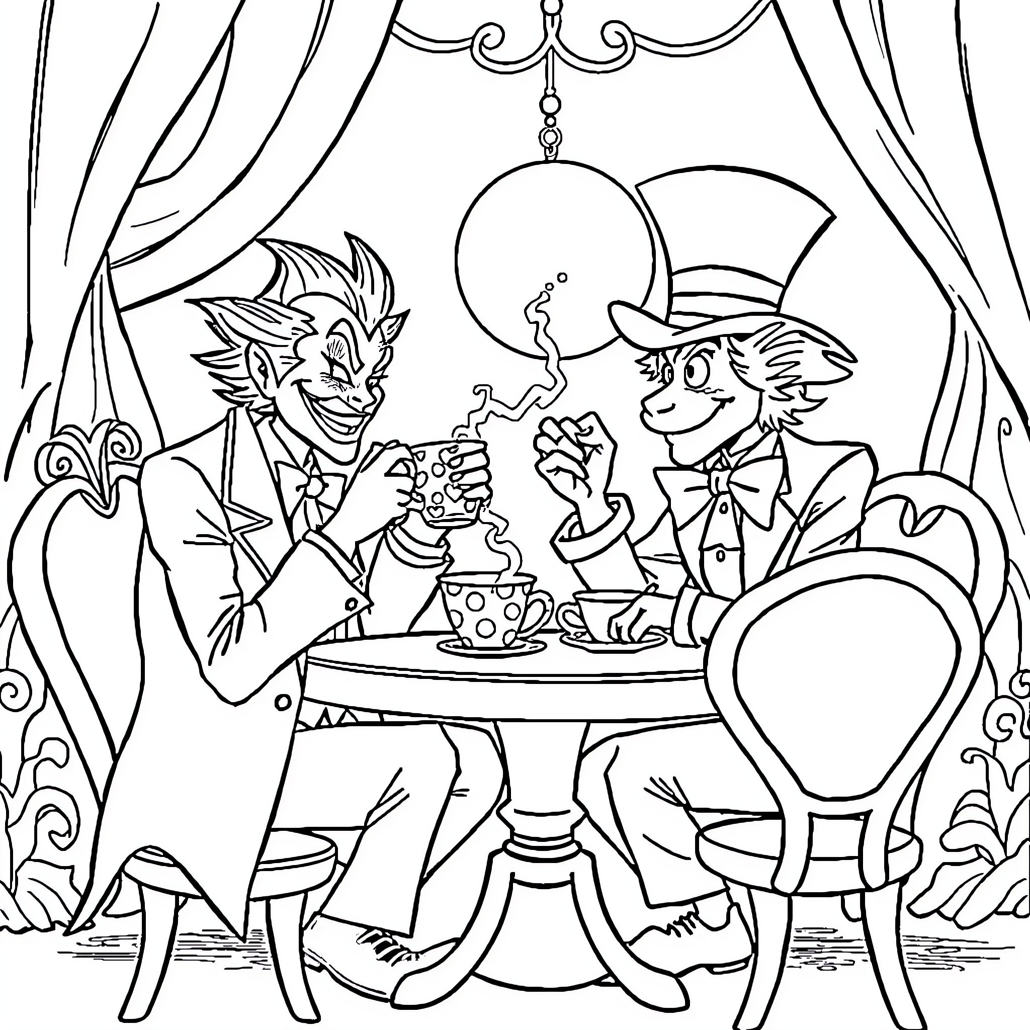 Joker entertaining guests at a theatrical tea party Coloring Page (free black-and-white line drawing printable PDF for all, from beginners to advanced learners, including children, teens, adults, and seniors)
