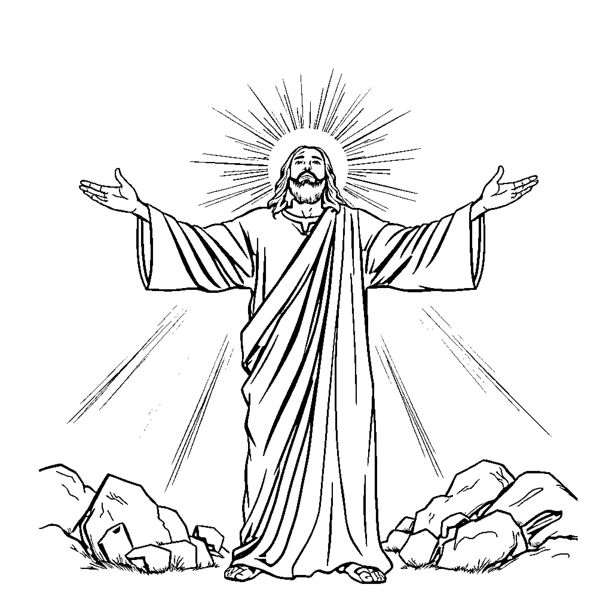 Jesus Christ with outstretched arms on the mount Coloring Page (free black-and-white line drawing printable PDF for all, from beginners to advanced learners, including children, teens, adults, and seniors)