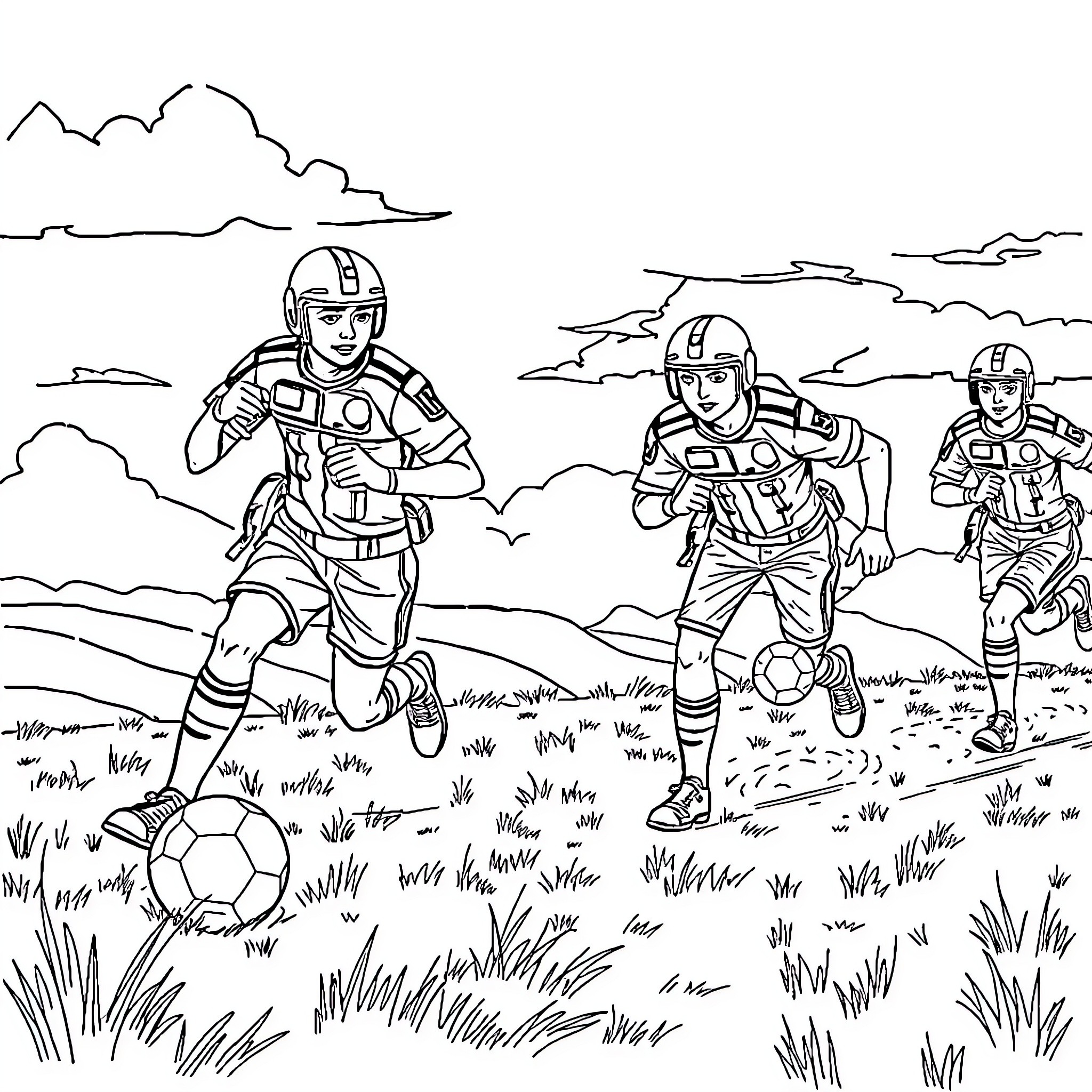 Chase of the Soccer Ball in the Field Coloring Page (free black-and-white line drawing printable PDF for all, from beginners to advanced learners, including children, teens, adults, and seniors)