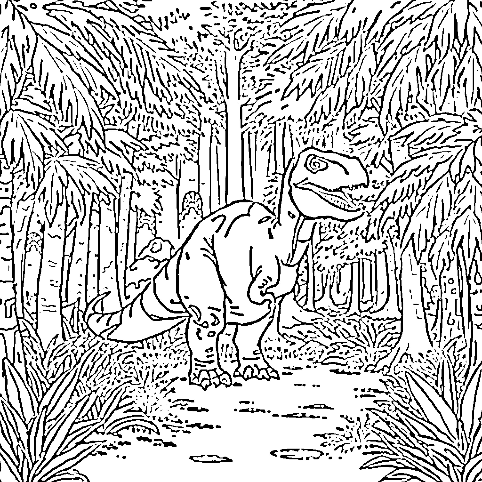 Dinosaur in Lush Prehistoric Landscape Coloring Page (free black-and-white line drawing printable PDF for all, from beginners to advanced learners, including children, teens, adults, and seniors)