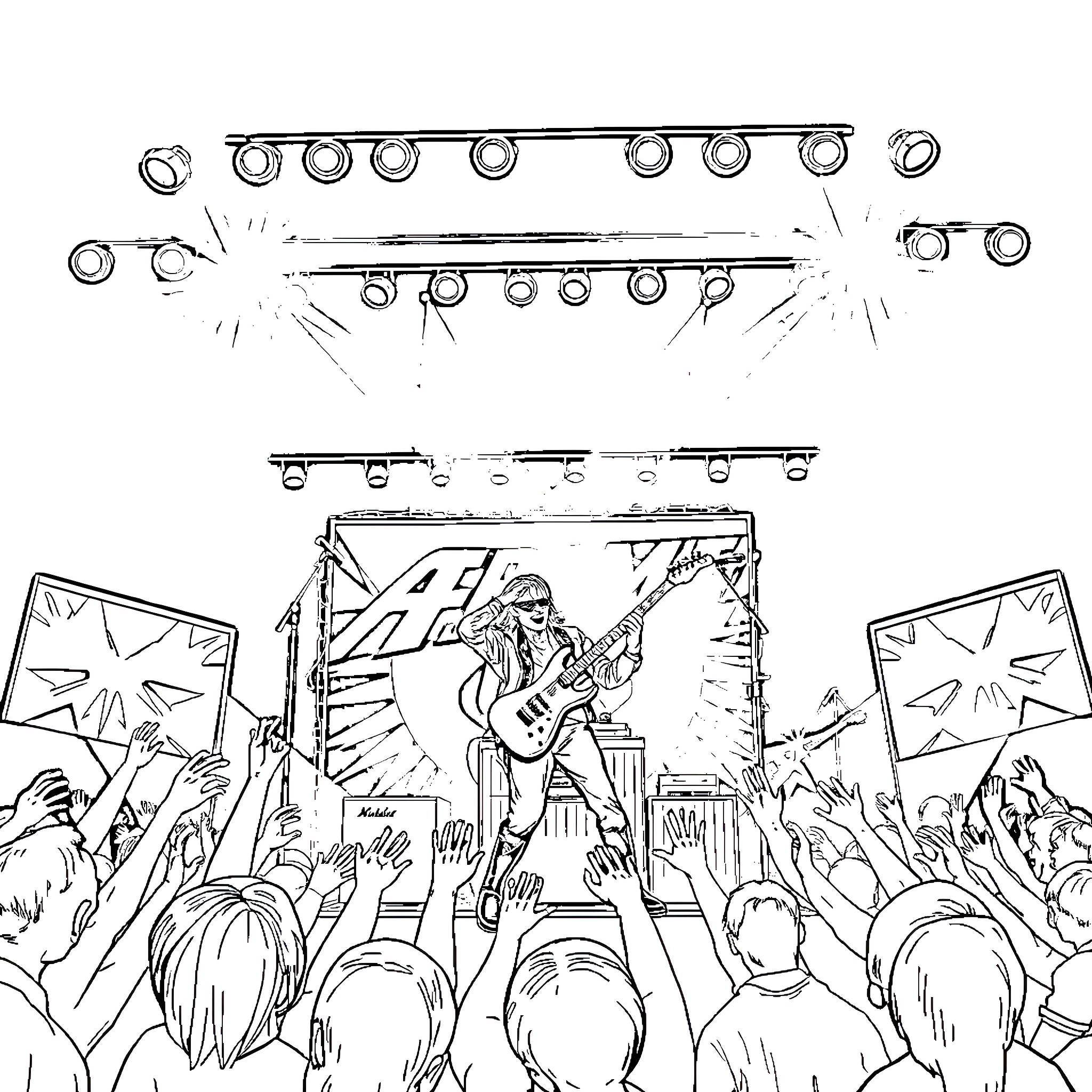 Aerosmith performing live on stage Coloring Page (free black-and-white line drawing printable PDF for all, from beginners to advanced learners, including children, teens, adults, and seniors)