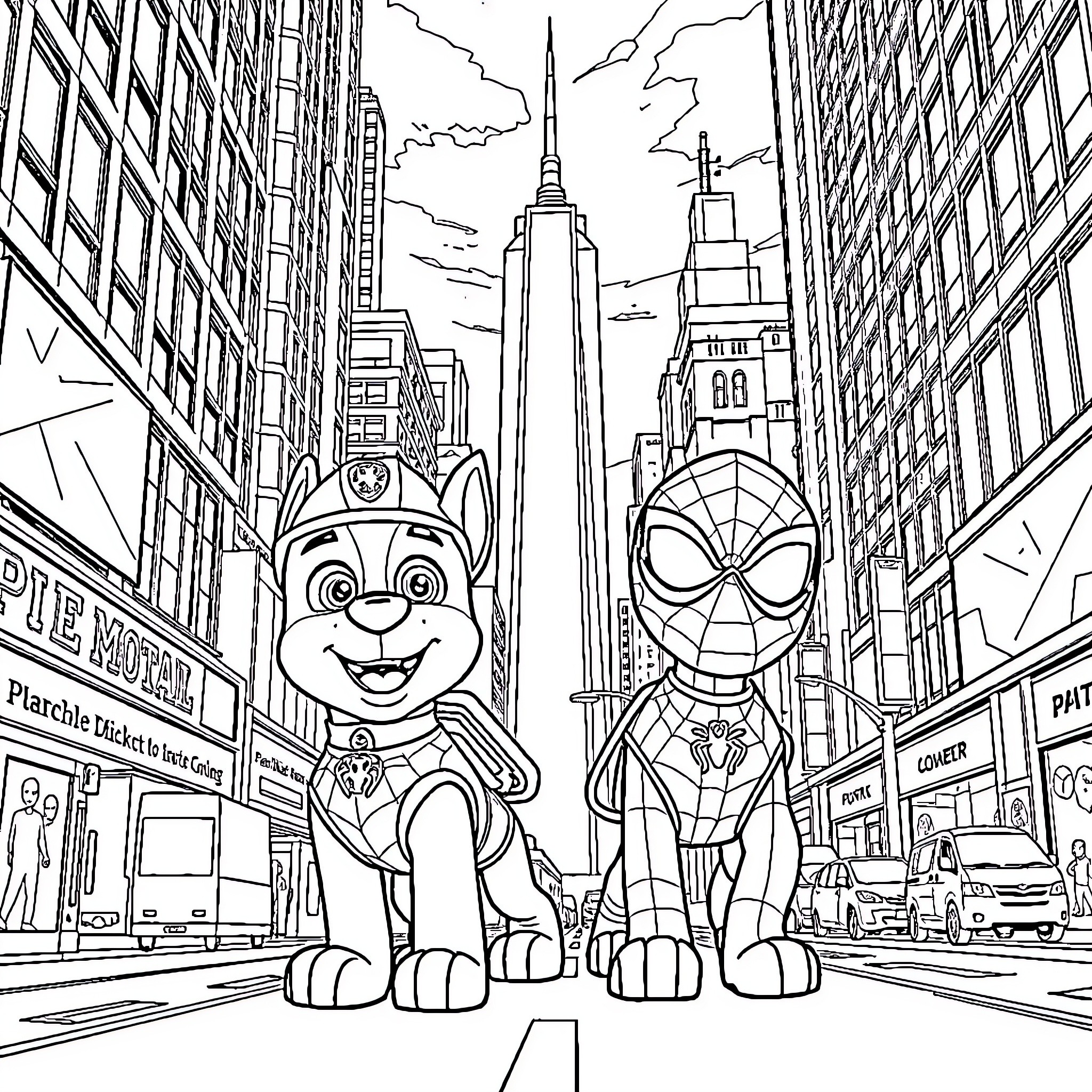 Paw Patrol Superheroes in New York City Coloring Page (free black-and-white line drawing printable PDF for all, from beginners to advanced learners, including children, teens, adults, and seniors)