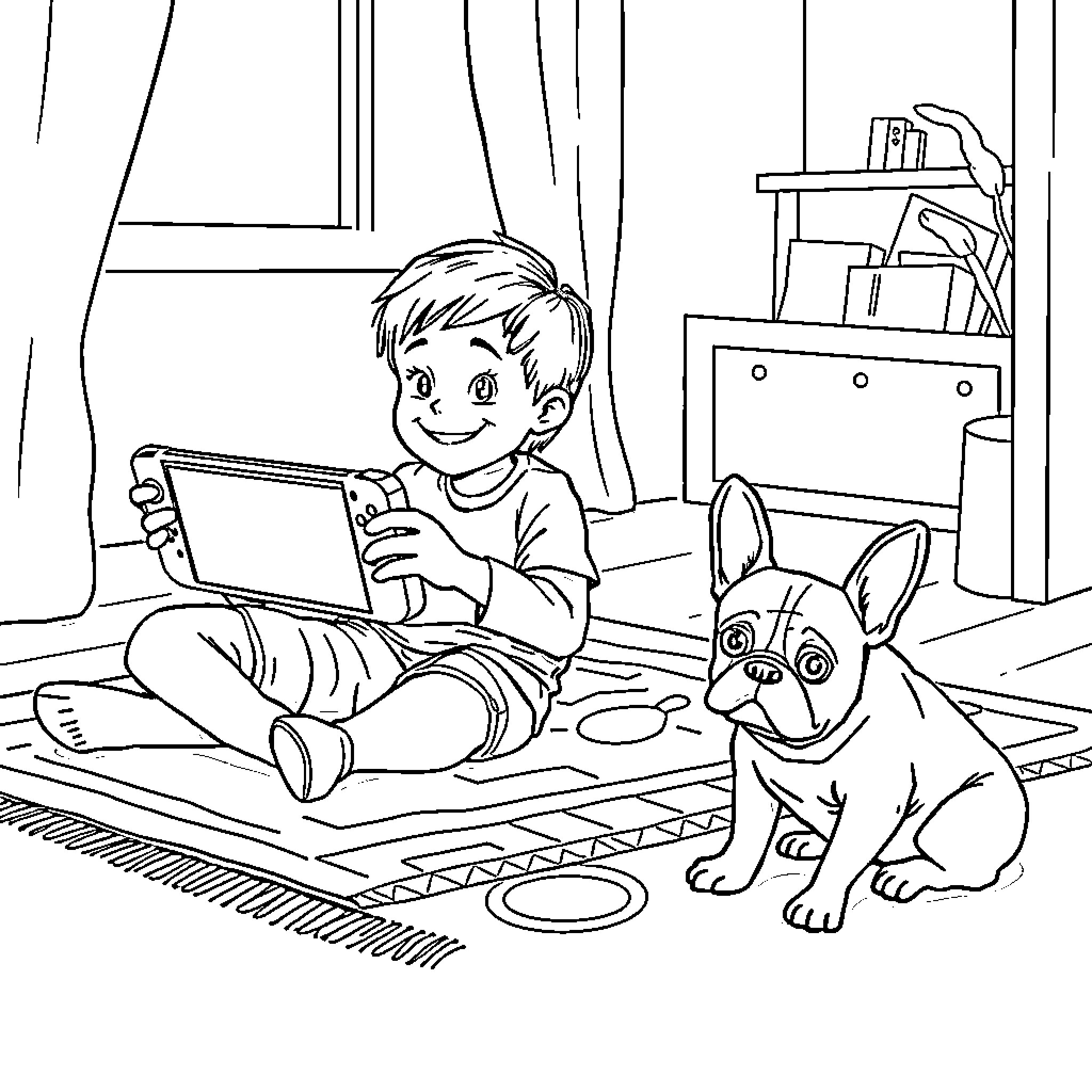 Kid playing with digital device and pet dog at home Coloring Page (free black-and-white line drawing printable PDF for all, from beginners to advanced learners, including children, teens, adults, and seniors)