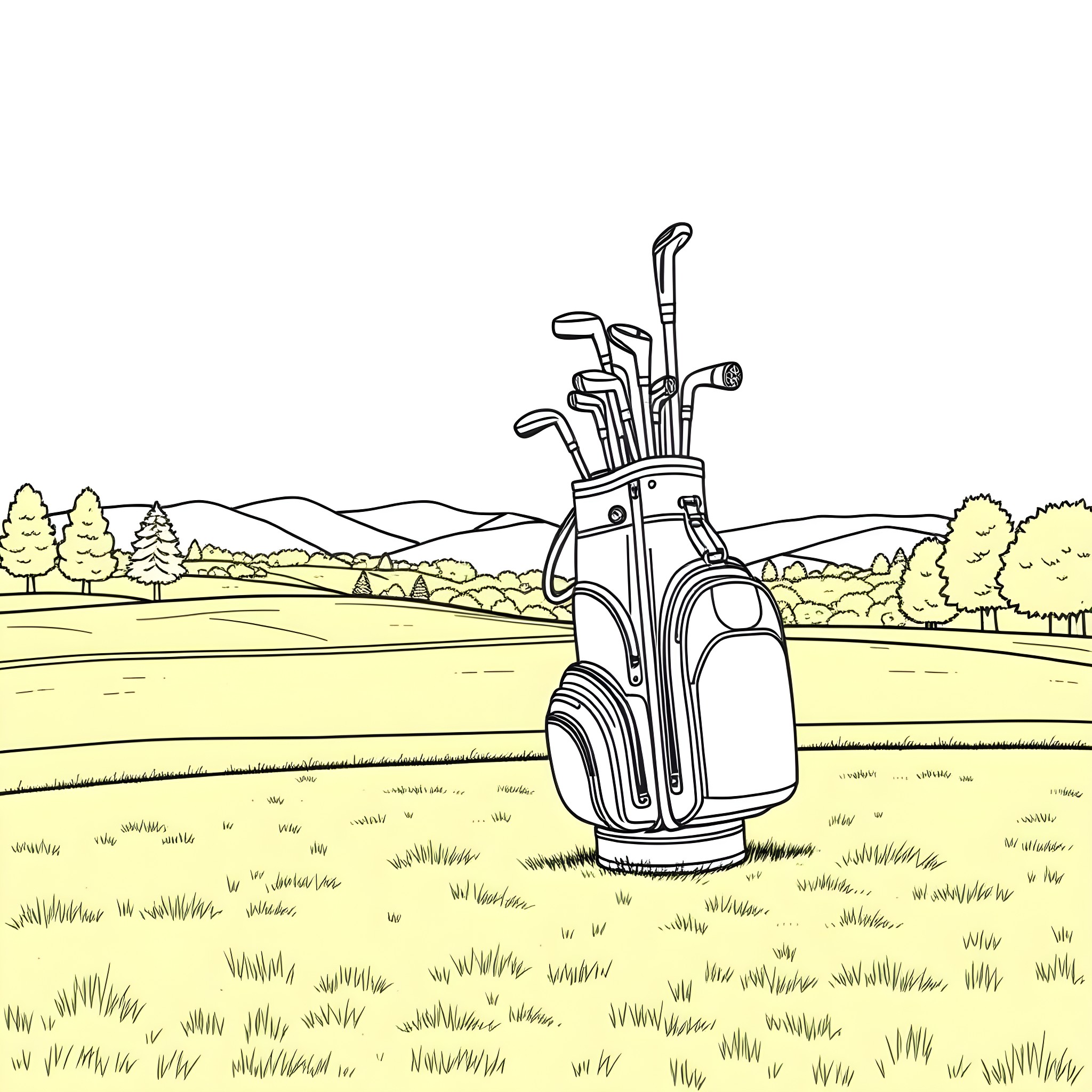 Golf Bag on the Golf Course Coloring Page (free black-and-white line drawing printable PDF for all, from beginners to advanced learners, including children, teens, adults, and seniors)