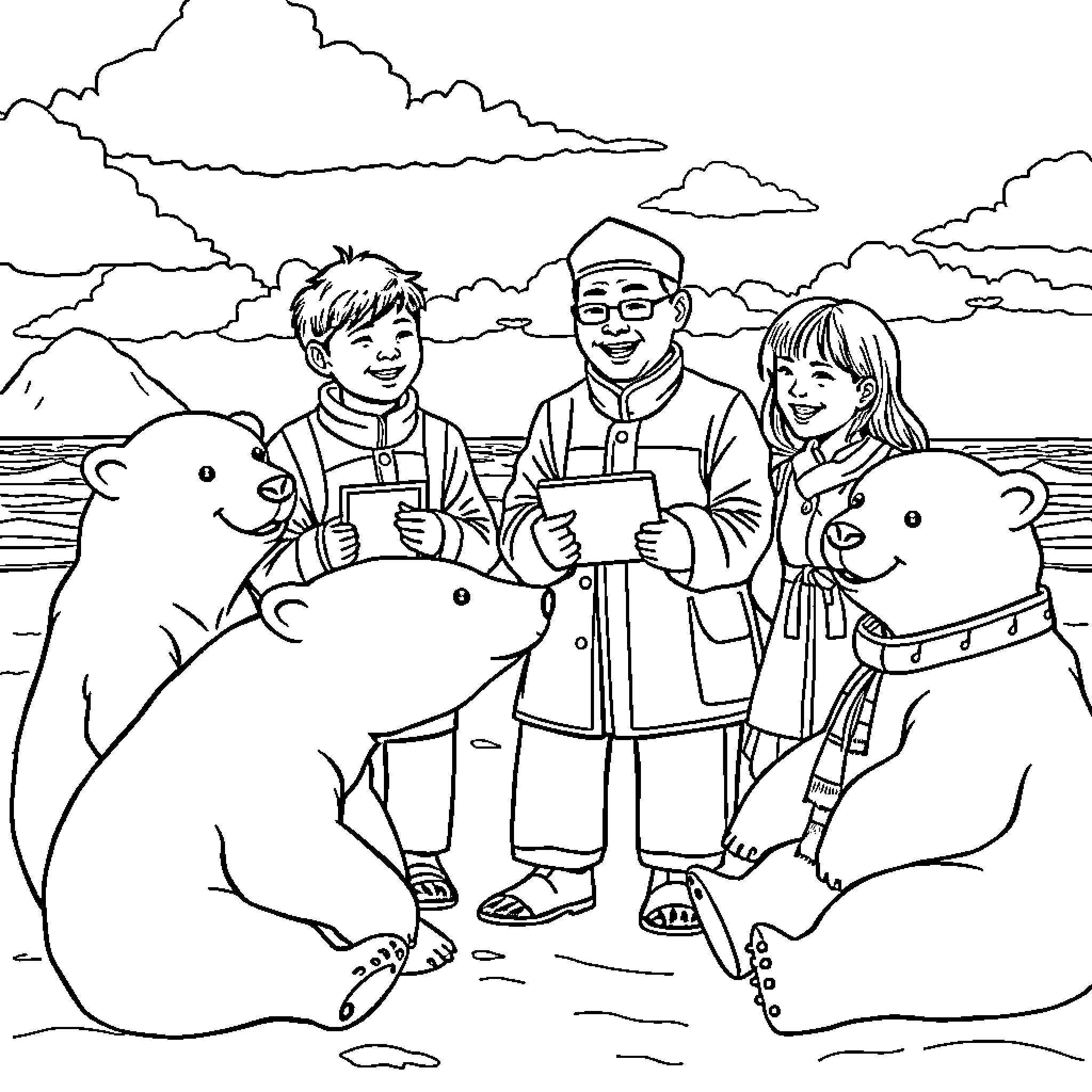 Students exploring the Arctic with polar bears Coloring Page (free black-and-white line drawing printable PDF for all, from beginners to advanced learners, including children, teens, adults, and seniors)