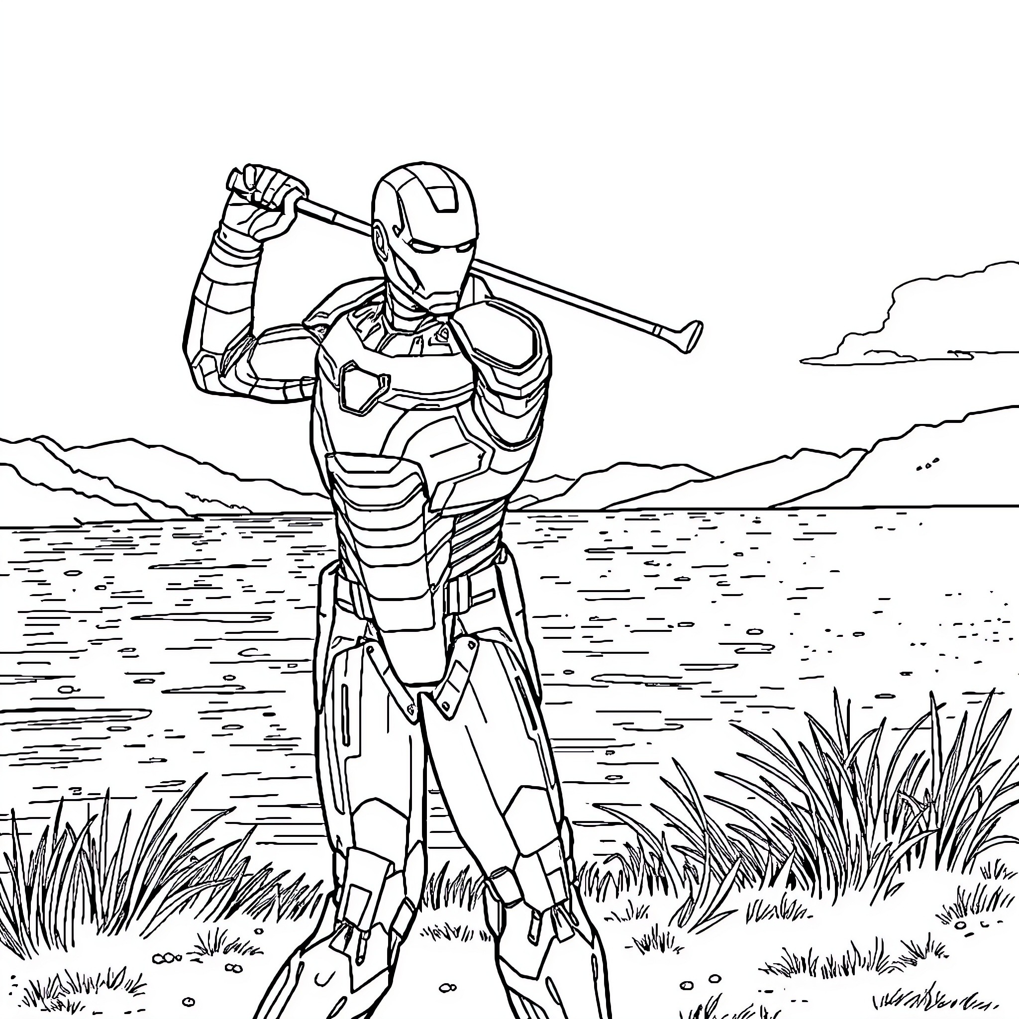 Iron Man Battling in a Rugged Landscape Coloring Page (free black-and-white line drawing printable PDF for all, from beginners to advanced learners, including children, teens, adults, and seniors)