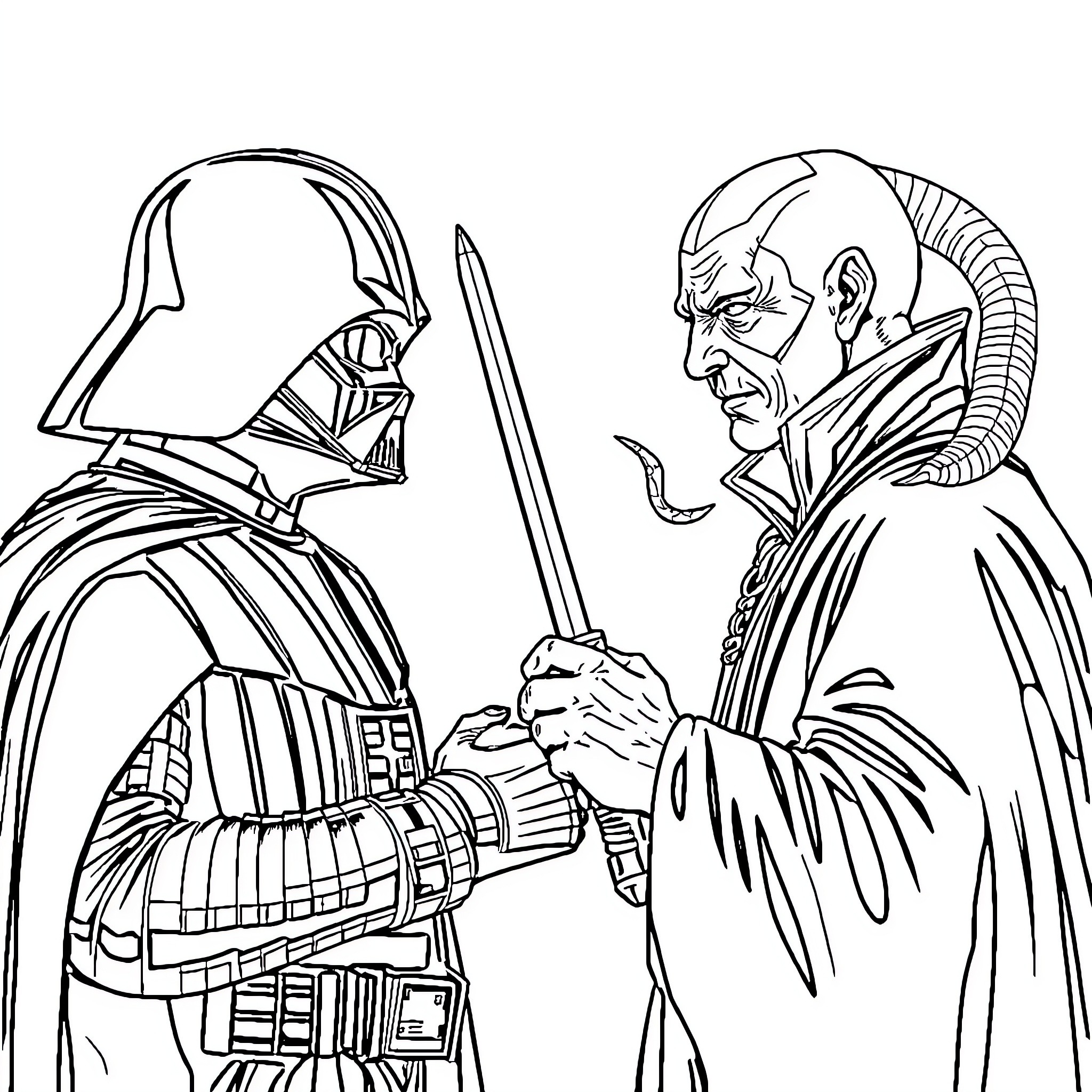 Darth Vader confronting an Imperial officer Coloring Page (free black-and-white line drawing printable PDF for all, from beginners to advanced learners, including children, teens, adults, and seniors)