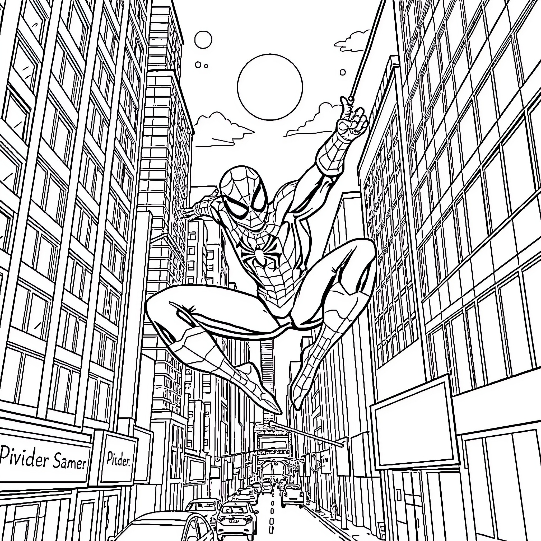 Spiderman swinging through the city skyline Coloring Page (free black-and-white line drawing printable PDF for all, from beginners to advanced learners, including children, teens, adults, and seniors)