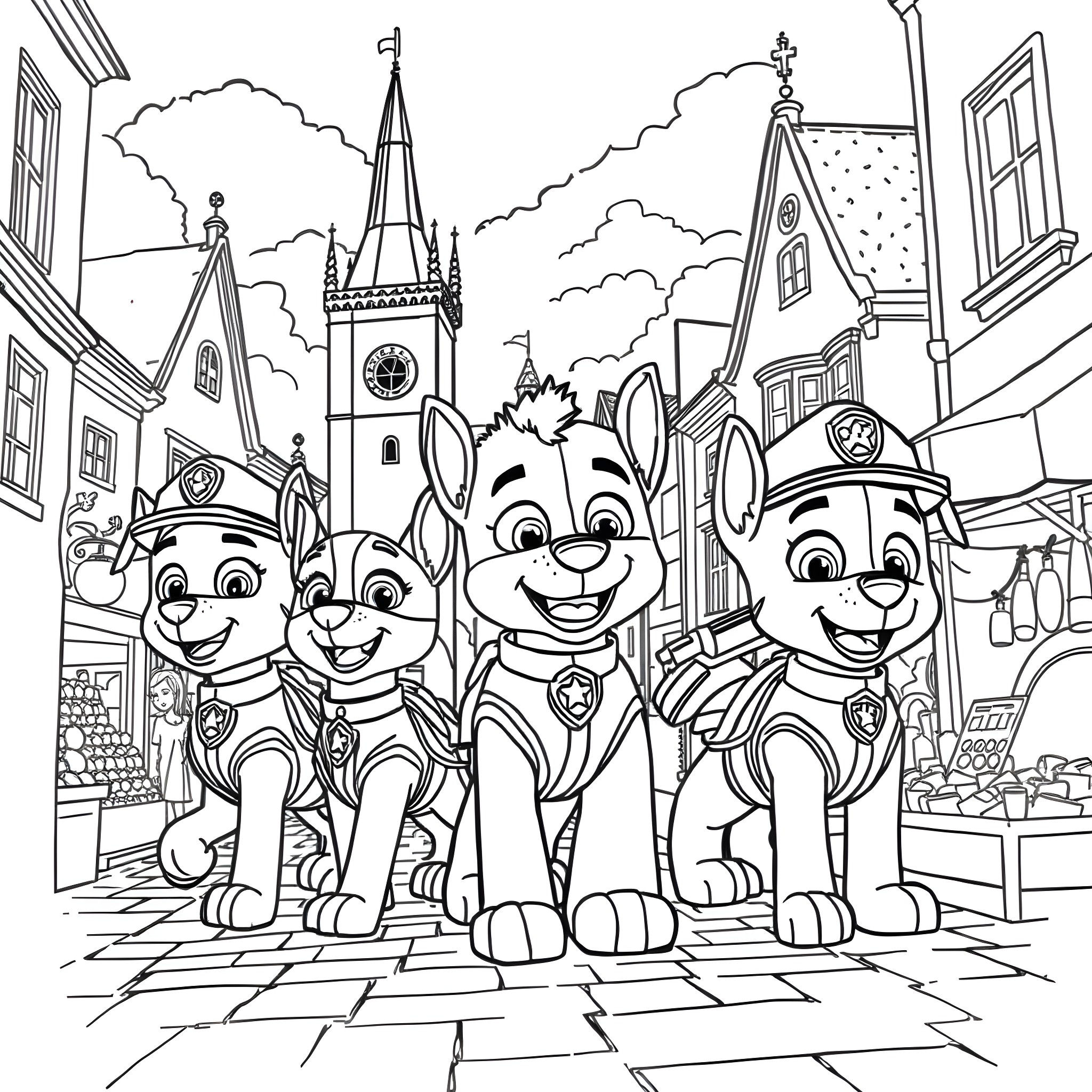 Paw Patrol characters on a city street adventure Coloring Page (free black-and-white line drawing printable PDF for all, from beginners to advanced learners, including children, teens, adults, and seniors)