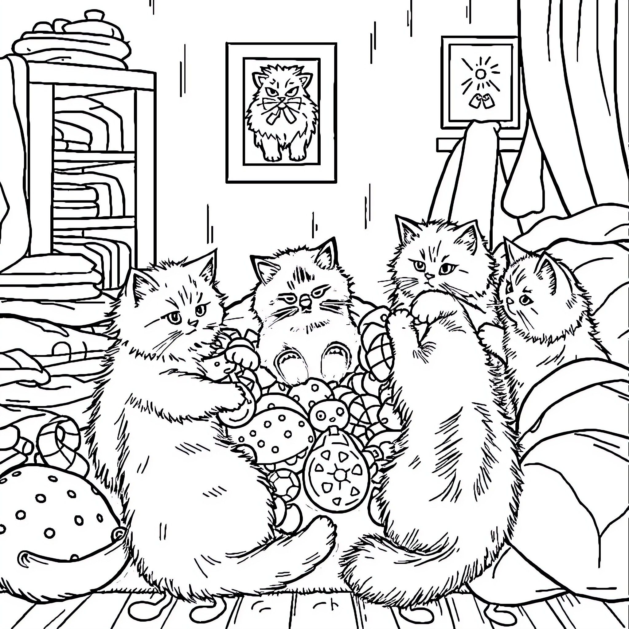 Cat family in cozy home setting Coloring Page (free black-and-white line drawing printable PDF for all, from beginners to advanced learners, including children, teens, adults, and seniors)