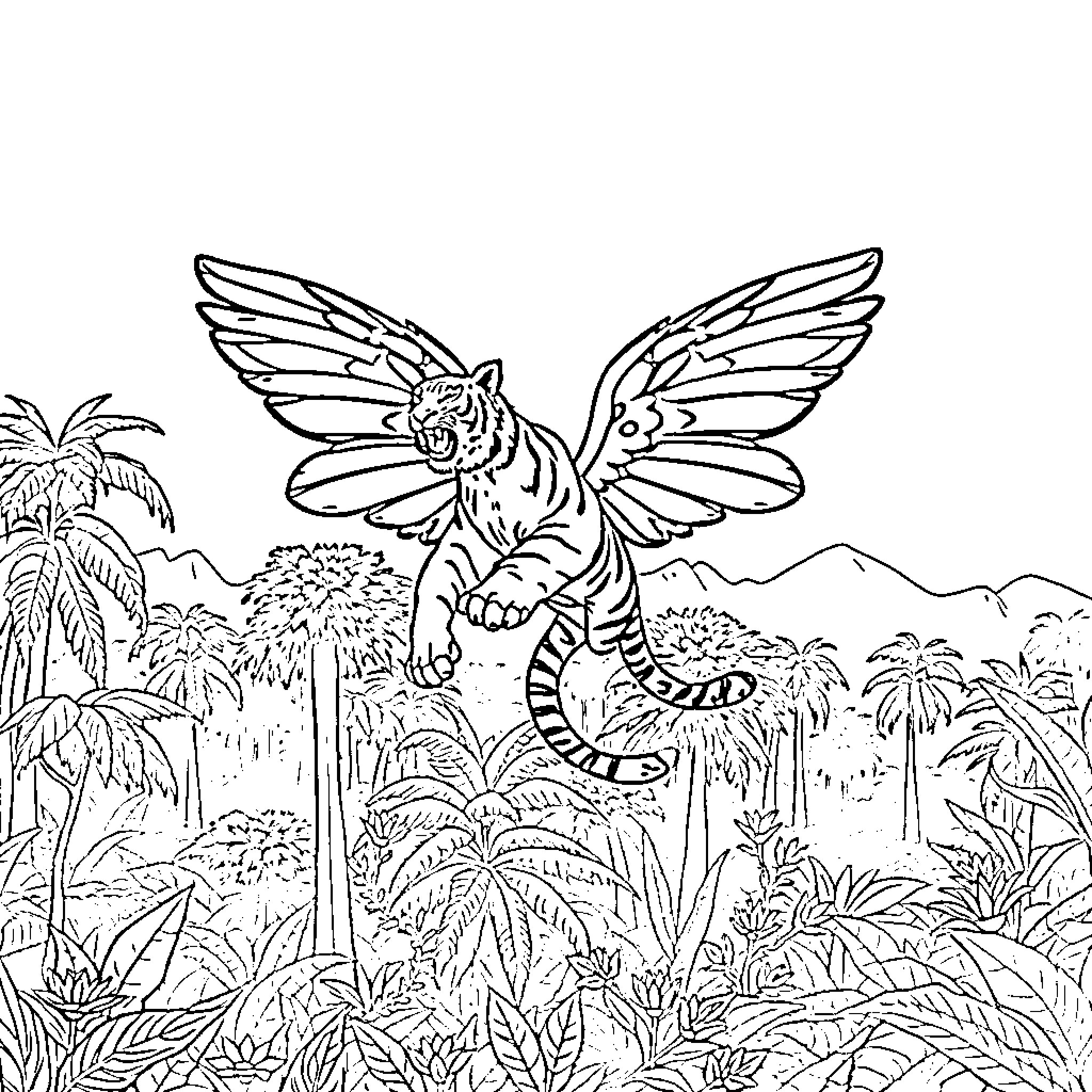 Tiger soaring above vibrant jungle landscape Coloring Page (free black-and-white line drawing printable PDF for all, from beginners to advanced learners, including children, teens, adults, and seniors)