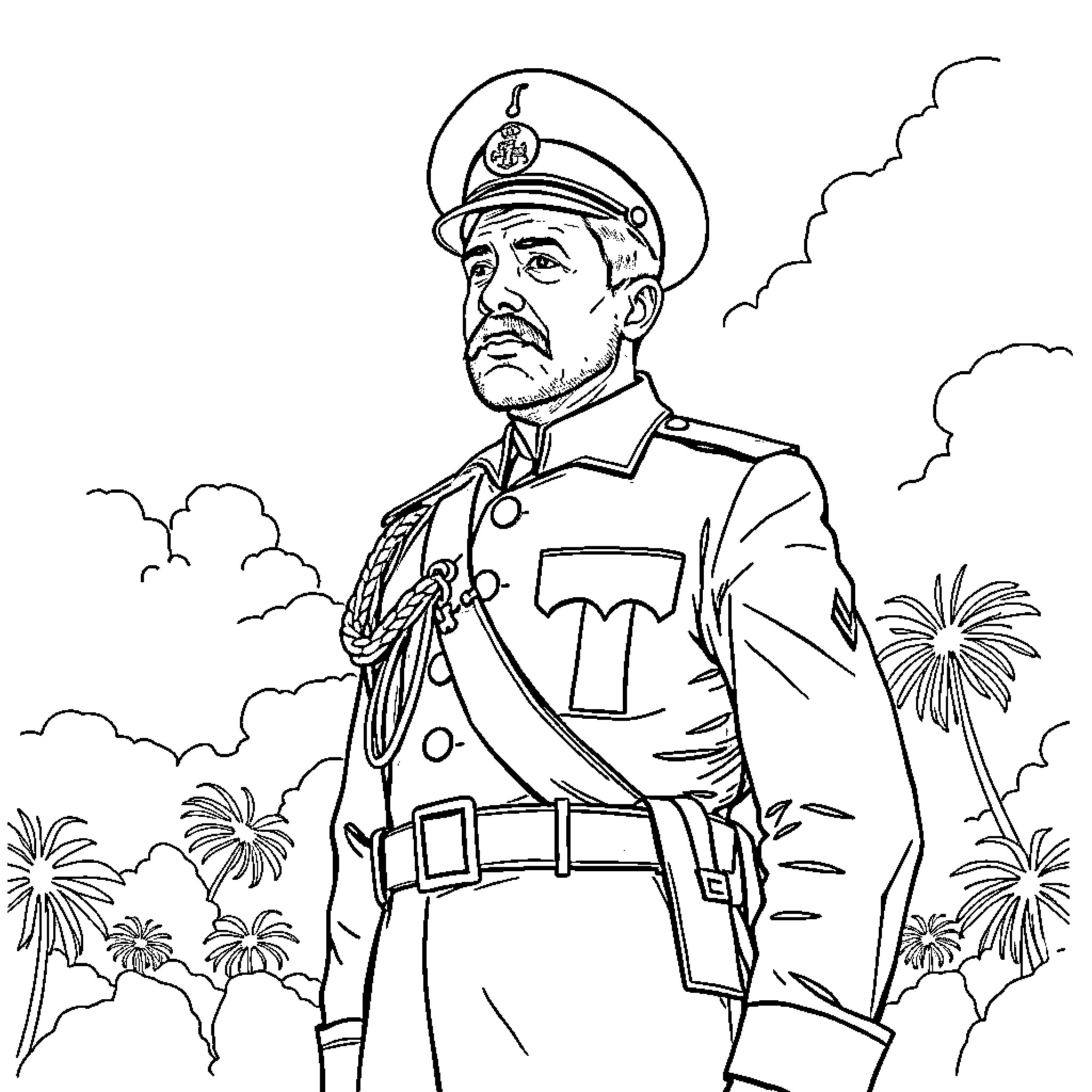Juan Pablo Duarte standing proudly in military uniform Coloring Page (free black-and-white line drawing printable PDF for all, from beginners to advanced learners, including children, teens, adults, and seniors)
