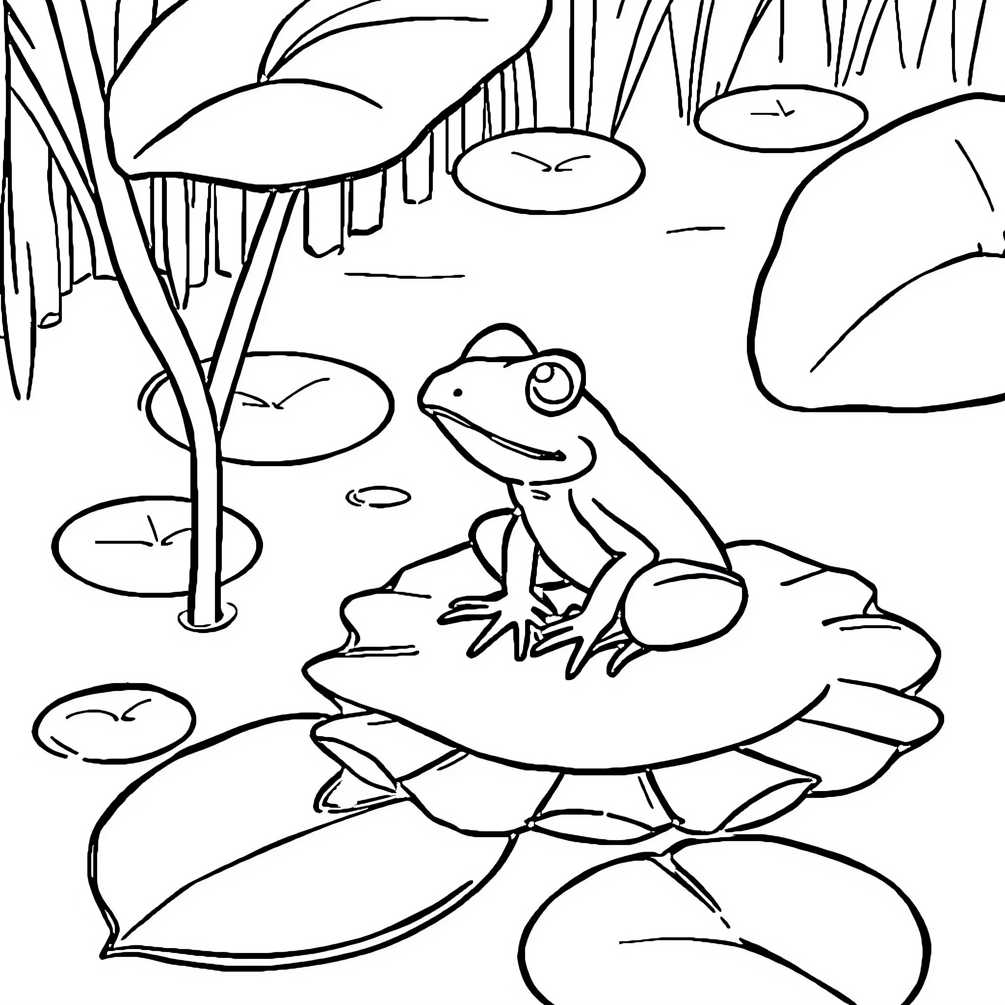 Frog sitting on a lily pad in the pond Coloring Page (free black-and-white line drawing printable PDF for all, from beginners to advanced learners, including children, teens, adults, and seniors)