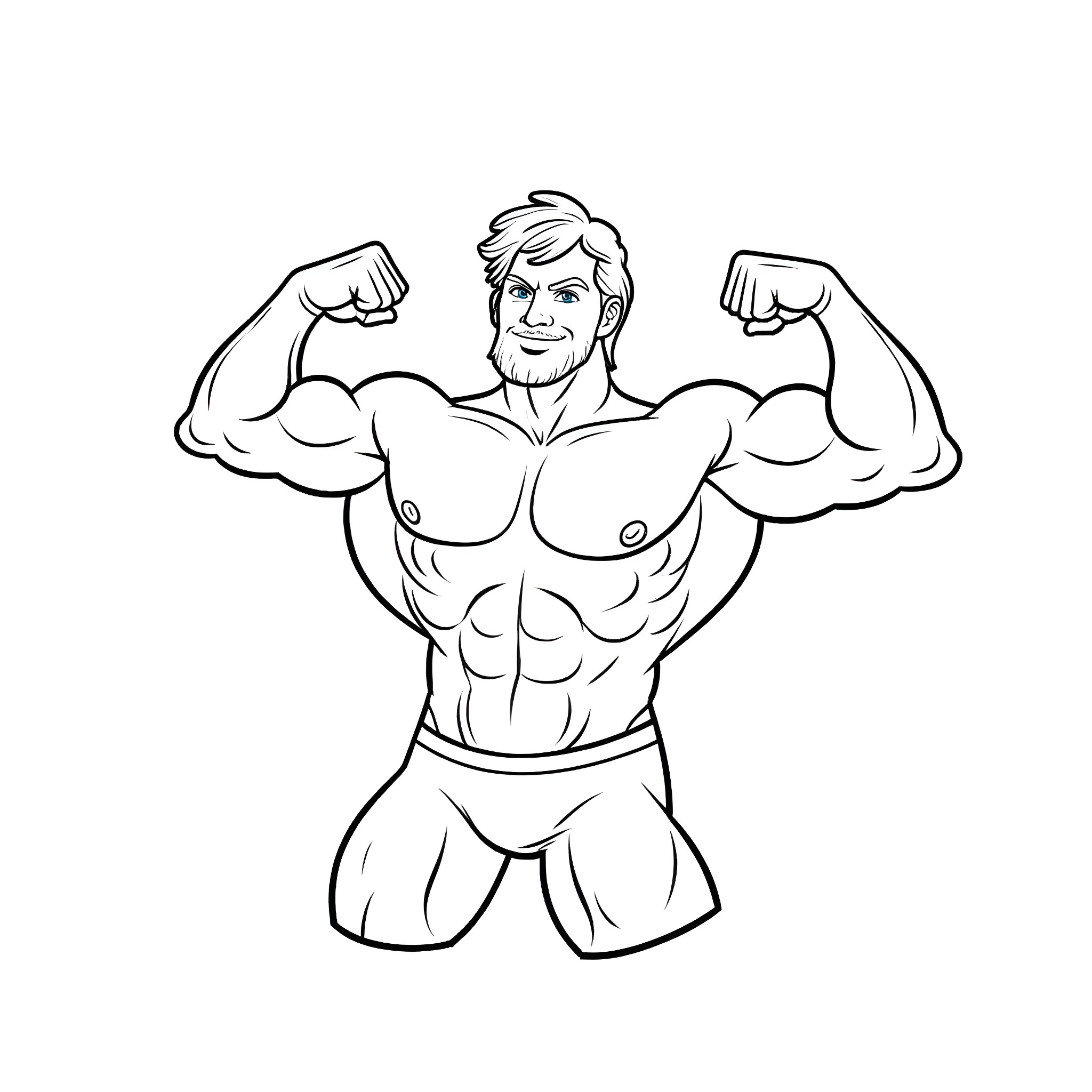 Muscle Guy Flexing His Physique Coloring Page (free black-and-white line drawing printable PDF for all, from beginners to advanced learners, including children, teens, adults, and seniors)